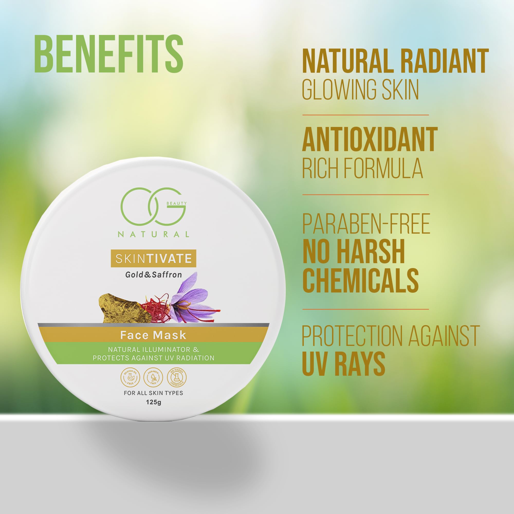OG BEAUTY Natural Skintivate Gold & Saffron Face Mask - Anti-Aging Antioxidant Treatment with Brightening Effects | UV Protection | 125g | For Glowing Skin & Nighttime Skincare Routine