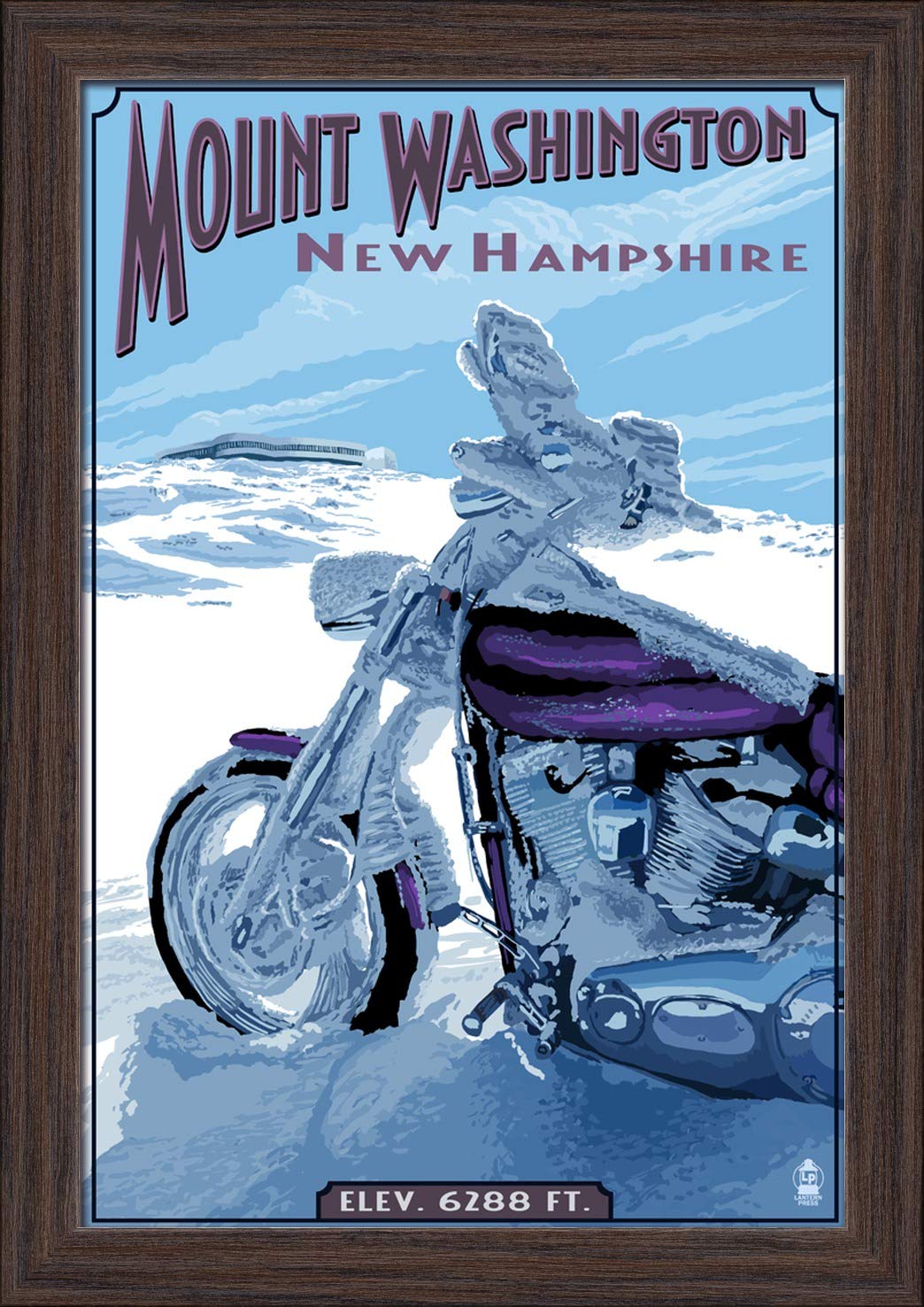 Mt. Washington New Hampshire Motorcycle in Snow - 12x18 Inch Giclee Fine Art Print with Recycled Wood Frame in Espresso Brown - Perfect for Home Decor, Office Wall Art & Gift Ideas