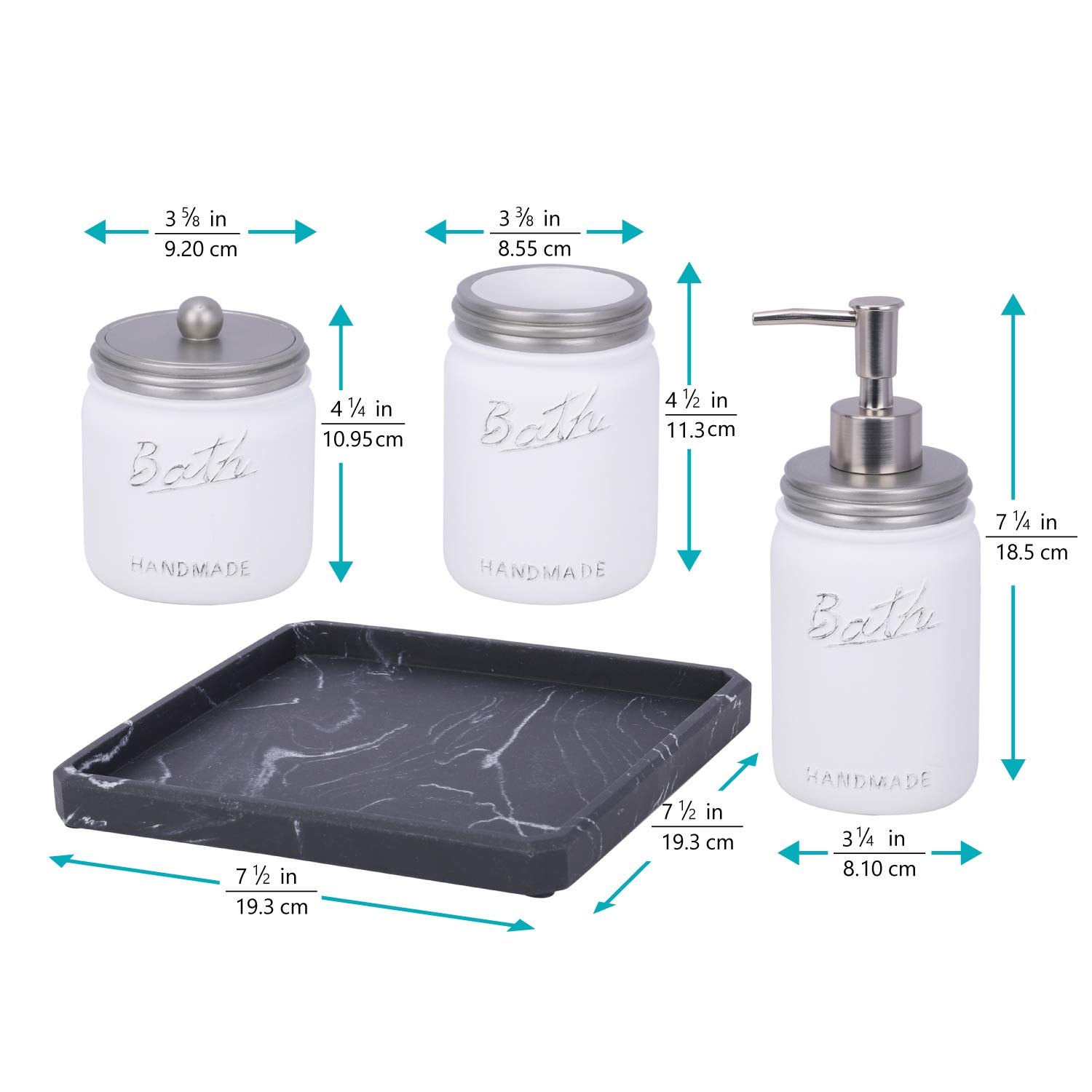 5PCS Mason Jar Bathroom Accessories Set - Toothbrush Holder, Soap Dispenser, Vanity Tray & Cotton Swab Organizer - Rustic Farmhouse Bathroom Decor (Silver/White) for Spa-Like Vanity Organization