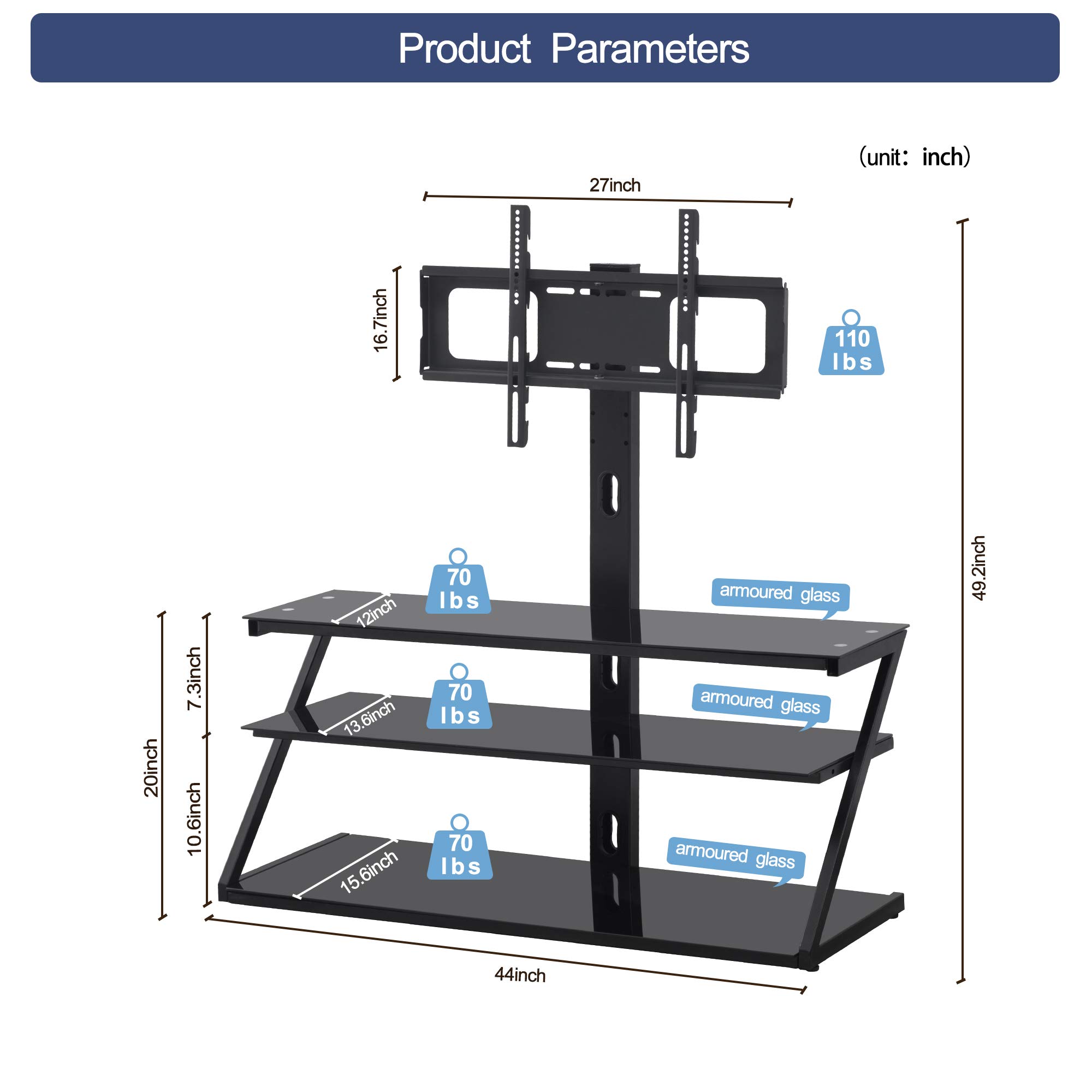 Universal TV Stand for 32-65 Inch TVs - Adjustable Height & Angle Tempered Glass TV Stand with 3-Tier Metal Frame - Perfect for Living Room, Bedroom & Home Theater Setup