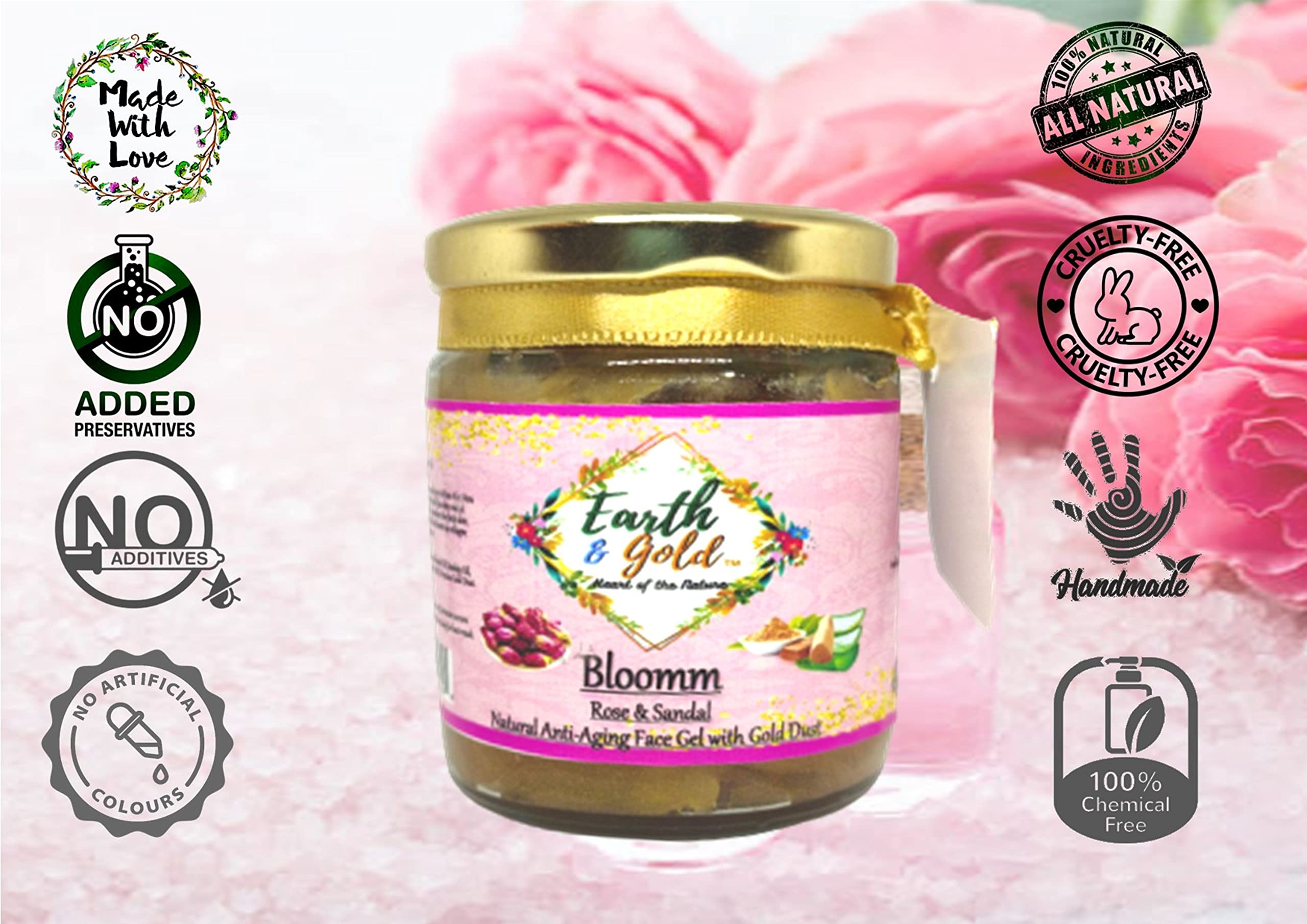 Earth & Gold Bloomm 100% Natural Anti-Aging Face Gel with Vitamin-E & Jojoba Oil - Enriched with Rose Petal, Sandalwood Powder & Gold Dust (150ml) | Hydrating & Brightening for Day & Night Use | Perfect for Dry, Sensitive & Mature Skin