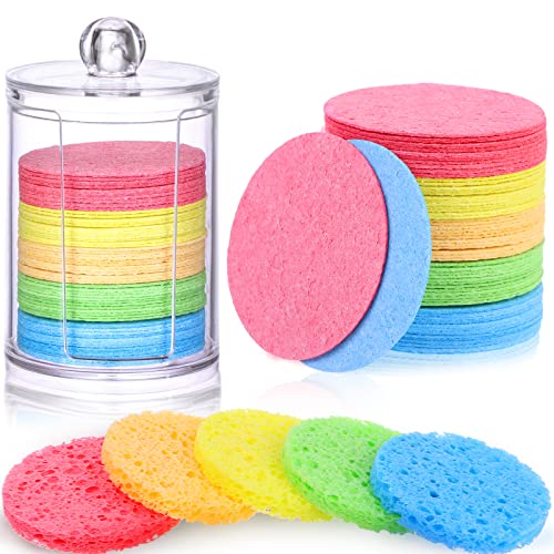 100 Pieces Soft Facial Sponges for Cleansing & Exfoliating - Reusable Cellulose Makeup Remover Pads with Plastic Storage Container - Ideal for Daily Skincare, Mask Application & Makeup Removal (5 Colors)