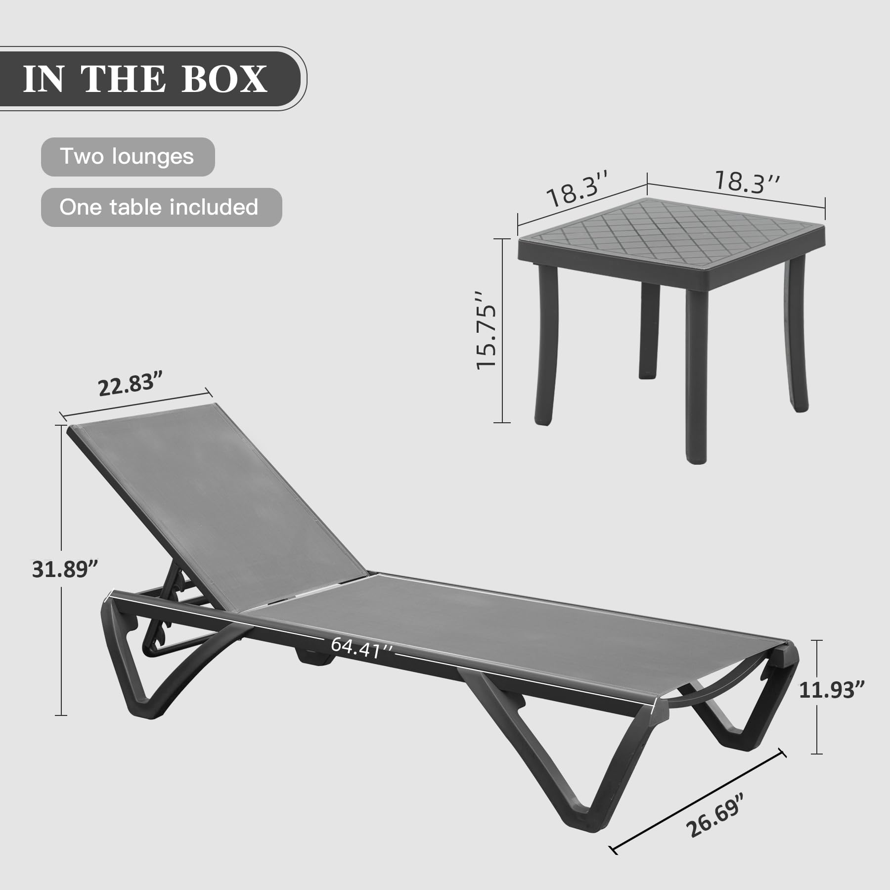 Domi 3-Piece Adjustable Aluminum Pool Lounge Chairs with Wheels & Table - Outdoor Chaise for Deck, Patio, Backyard - All-Weather Textilene Gray