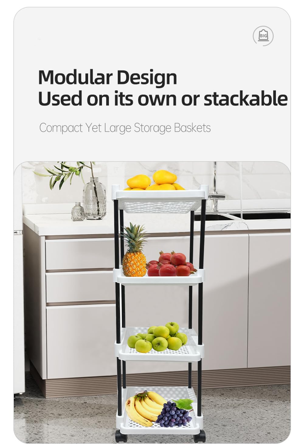 RAXON WORLD 4-Tier Rotating Kitchen Storage Organizer - White Plastic Round Vegetable & Fruit Basket for Onions, Spice Jars, Cutlery | Space-Saving Pantry & Countertop Organizer
