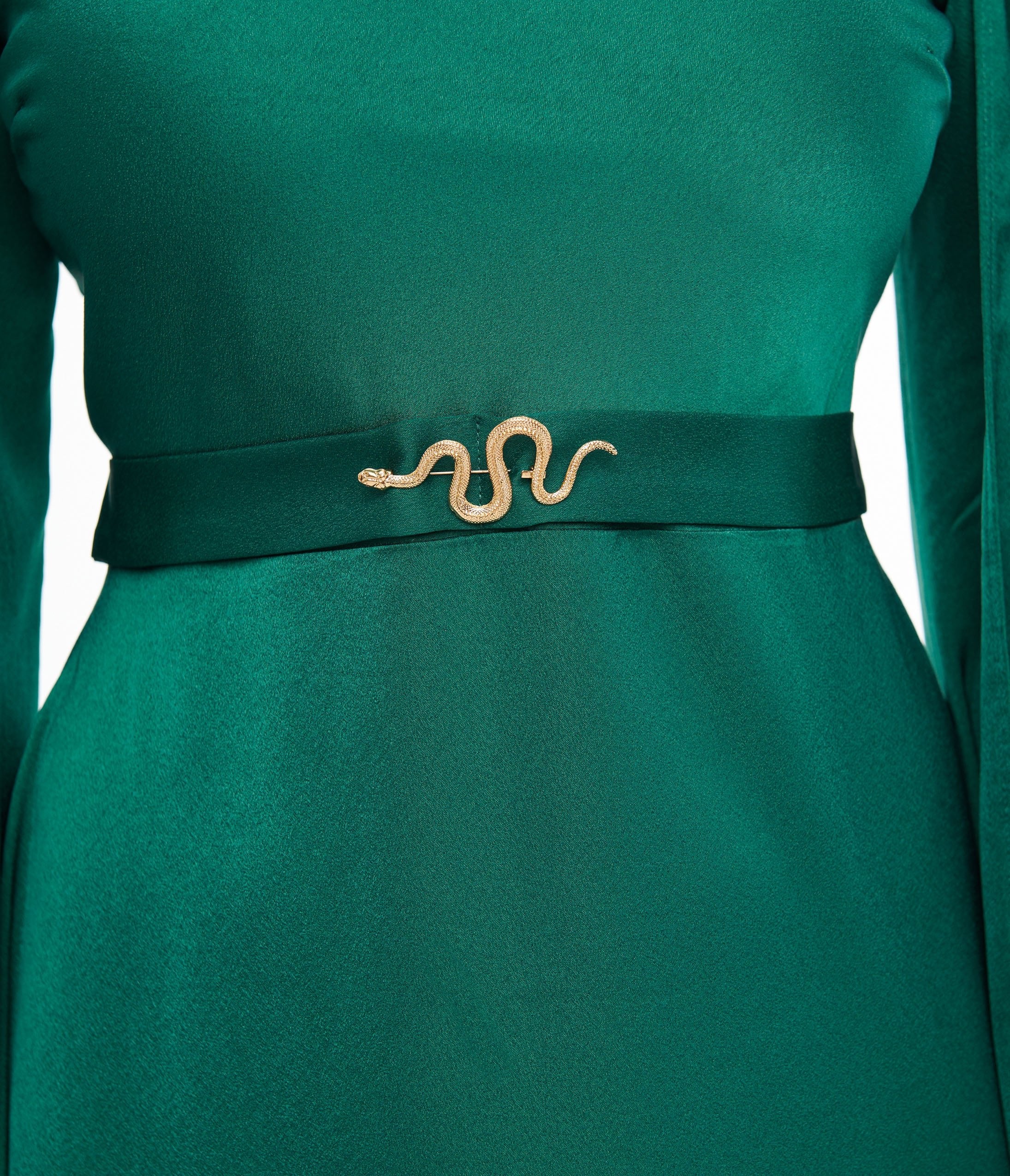 Vintage 1920s Emerald Green Satin Evening Gown with Snake Brooch Pin - Perfect for Gatsby Themed Parties, Roaring 20s Costume Events & Vintage Style Weddings