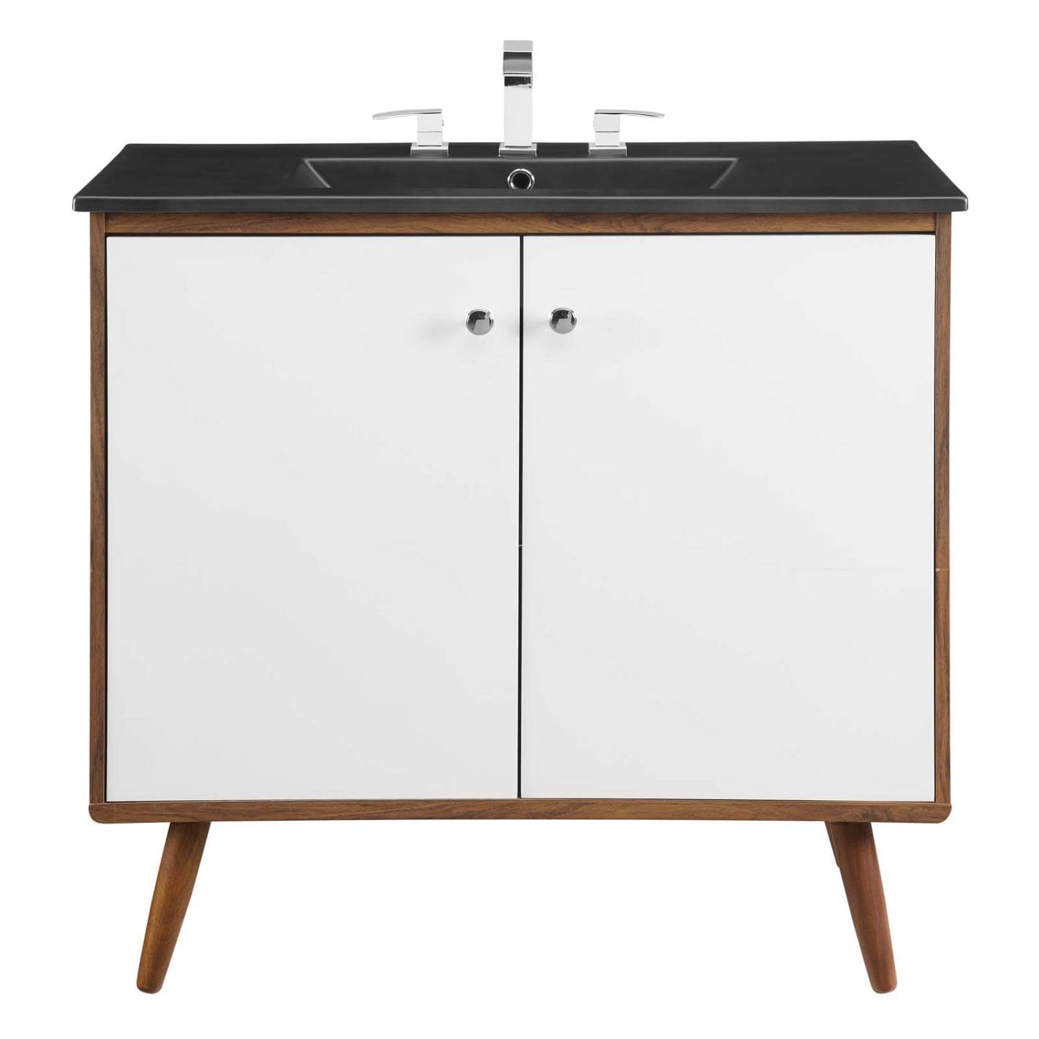 Modway Transmit 36 Inch Walnut Black Bathroom Vanity with Sink - Modern Storage Cabinet for Small Bathrooms, Powder Rooms & Master Baths