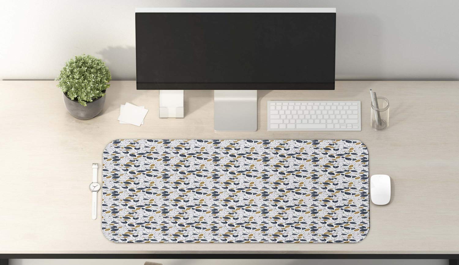 Ambesonne Floral Computer Mouse Pad - Hand Drawn Magnolia Flowers & Leaves Design, Non-Slip Rubber Base, Extra Large 31