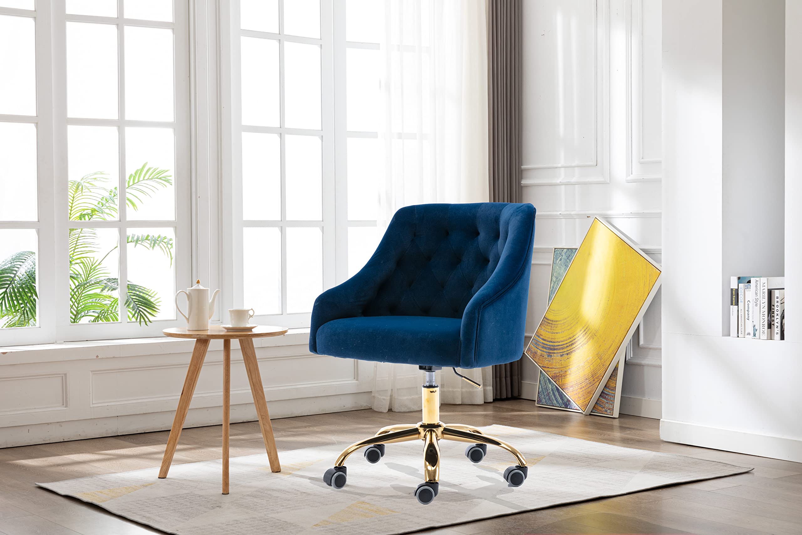 Ergonomic Modern Home Office Chair - Adjustable Swivel Desk Chair with Wheels, Velvet Upholstery for Living Room & Bedroom - Dark Blue (Perfect for Work from Home, Gaming & Makeup Vanity)