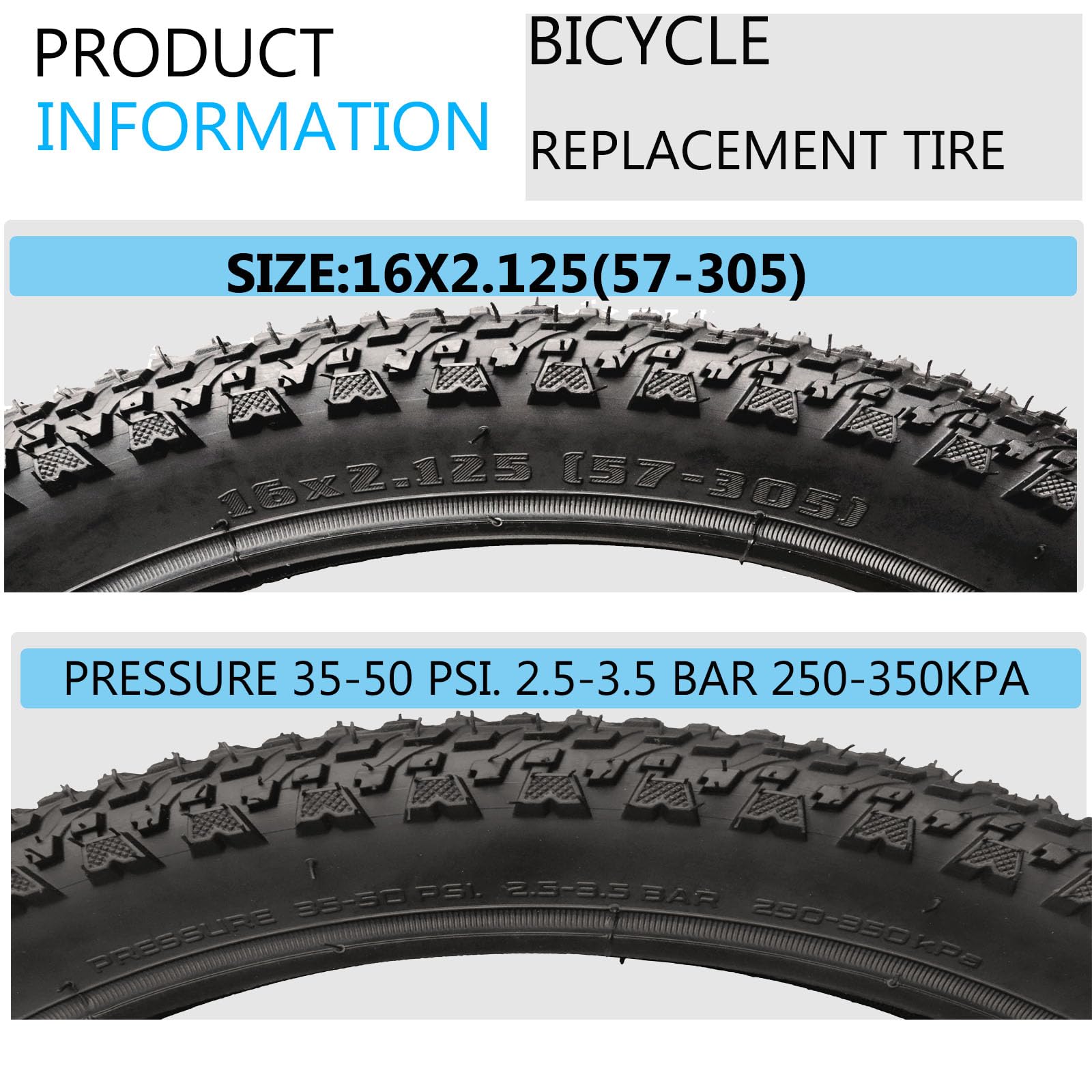 16 Inch BMX Bike Tire 16x2.125 (57-305) - Durable Bicycle Replacement Tyres for BMX, Folding & Road Bikes - Perfect for Stunt Riding, Commuting & Urban Cycling