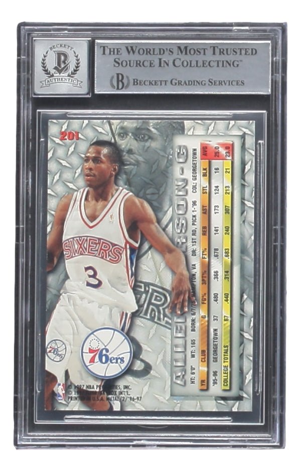 Allen Iverson Autographed 1996 Metal #201 Philadelphia 76ers Rookie Card BAS Auto PSA 10 - Perfect for NBA Memorabilia Collectors & 76ers Fans Display