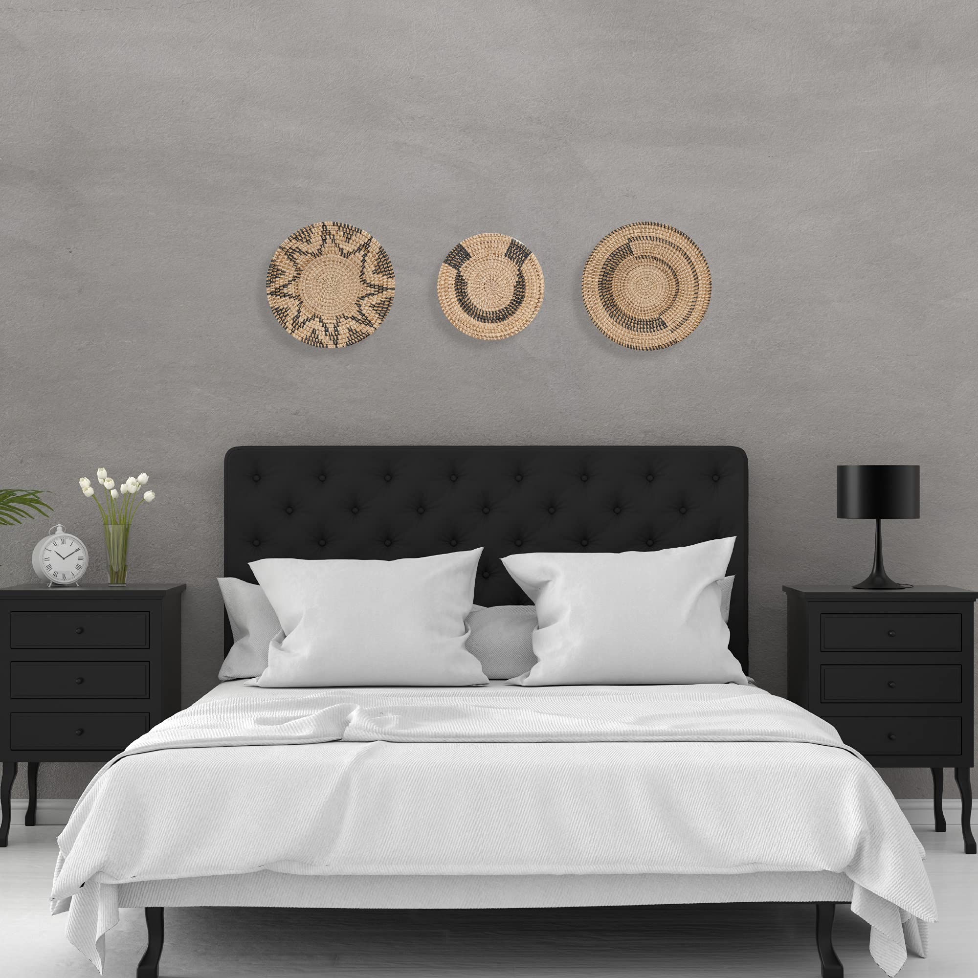 All Across Africa Boho Wall Plate Set of 3 - Natural Raffia Woven Wall Basket Decor with Easy Hang Loops, Dark Gray Castlerock | Perfect for Living Room, Bedroom, or Office Boho Decor