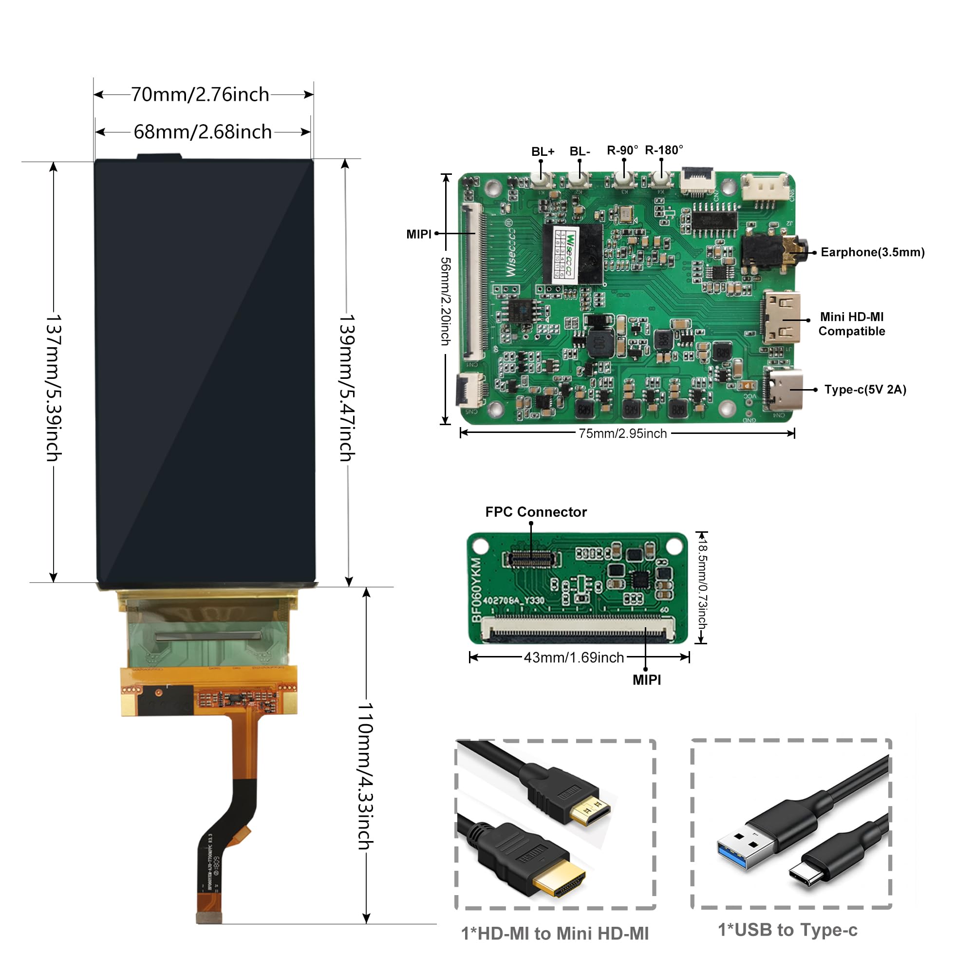 6 Inch Flexible OLED Screen - 2K 2880x1440 Resolution, HDMI Driver Board, Bendable Display - Compatible with Windows/Mac/Linux/Android - Perfect for DIY Projects, Portable Displays & Digital Signage