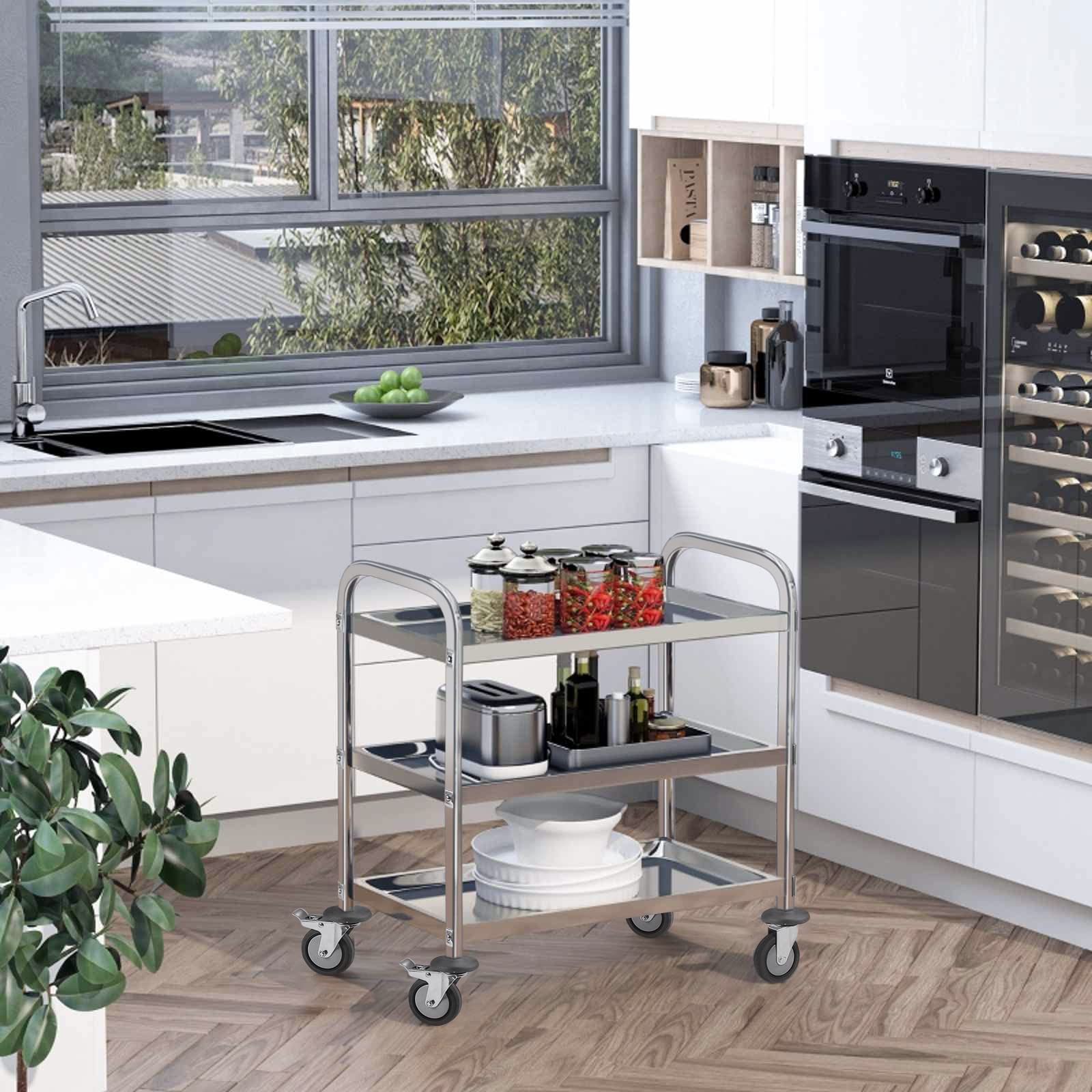 MYOYAY 37.4x19.7x37.4 Inch Stainless Steel 3-Tier Rolling Kitchen Cart with Locking Wheels - Heavy Duty Utility Cart for Restaurant, Cafe, Home & Commercial Use - Perfect for Food Storage, Catering Service & Mobile Kitchen Organization