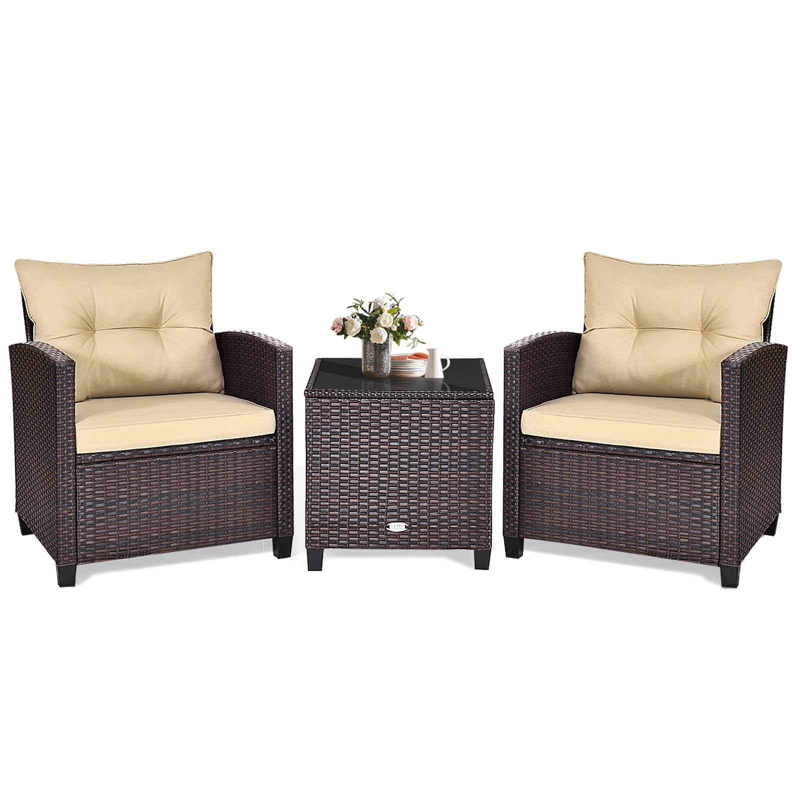 KOTEK 3-Piece Outdoor Patio Furniture Set with Washable Cushions & Tempered Glass Tabletop - PE Rattan Wicker Bistro Set for Porch, Garden, Balcony, Backyard (Beige) | Perfect for Relaxing, Entertaining & Outdoor Dining