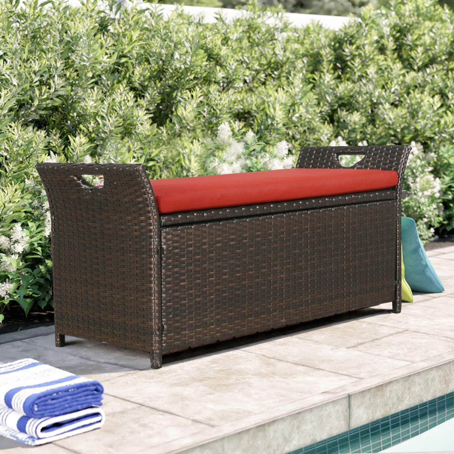 Outdoor Wicker Storage Bench with Cushion - Rattan Deck Box for Patio Furniture, Garden Seating & Backyard Organization (Red) | Perfect for Storing Pillows, Cushions & Outdoor Accessories