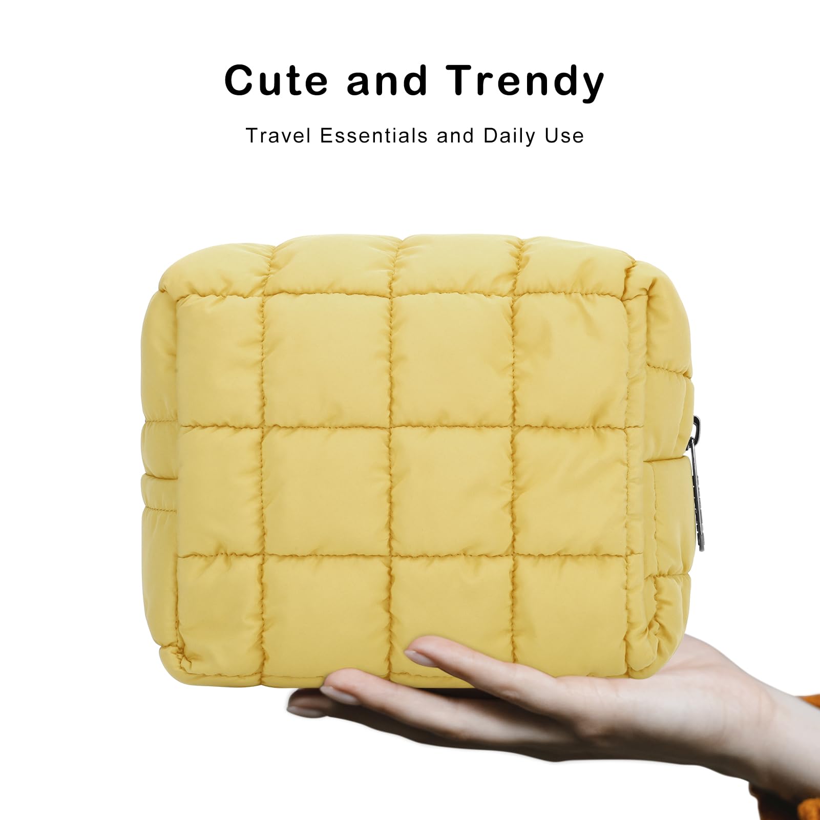 E-Tree Cute Quilted Makeup Bag - Waterproof Cosmetic Pouch for Travel & Purse Organization - Checkered Toiletry Zipper Case (Yellow) - Perfect for Daily Makeup Storage, Gym Essentials & Weekend Getaways