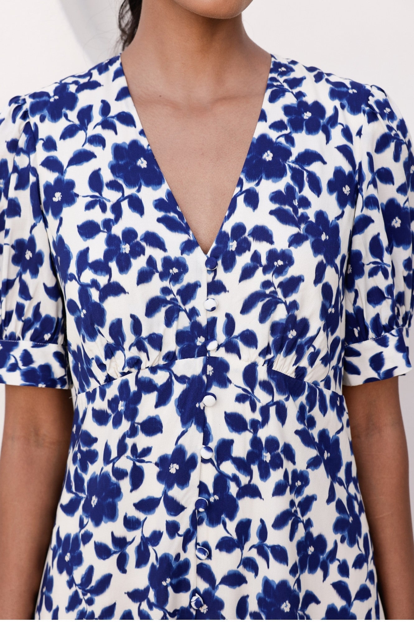 Anne Tea EcoVero™ Floral Print Wrap Dress - Blossom Cream & Navy Blue | Sustainable Viscose Women's Fashion | Perfect for Summer Weddings & Garden Parties