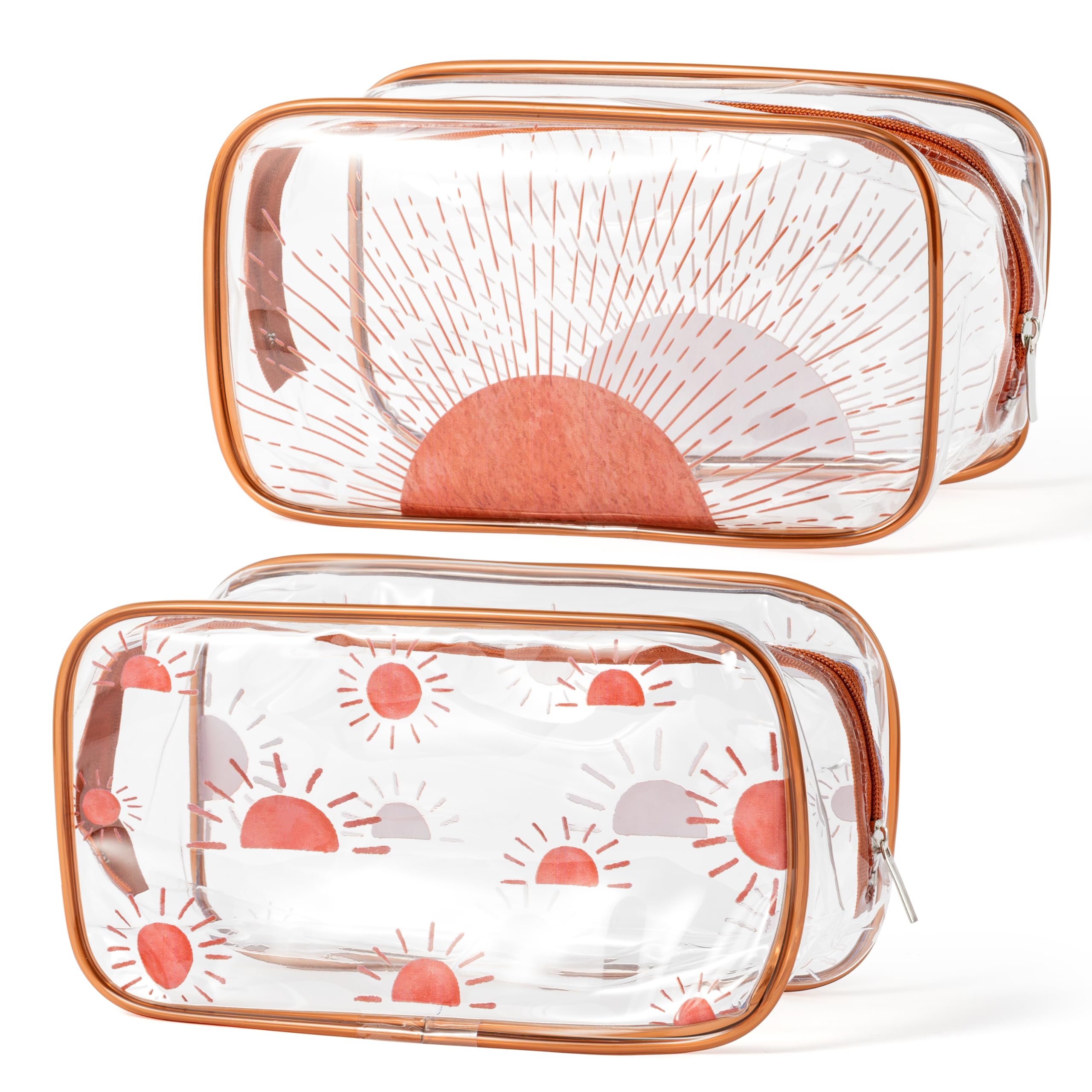 Boho Sun Makeup Bag 2-Pack - Clear Transparent Cosmetic Toiletry Pouch with Sunshine Ray Print, Waterproof Plastic Travel Organizer for Women & Girls | Perfect for Beach, Summer Trips & Daily Makeup Storage