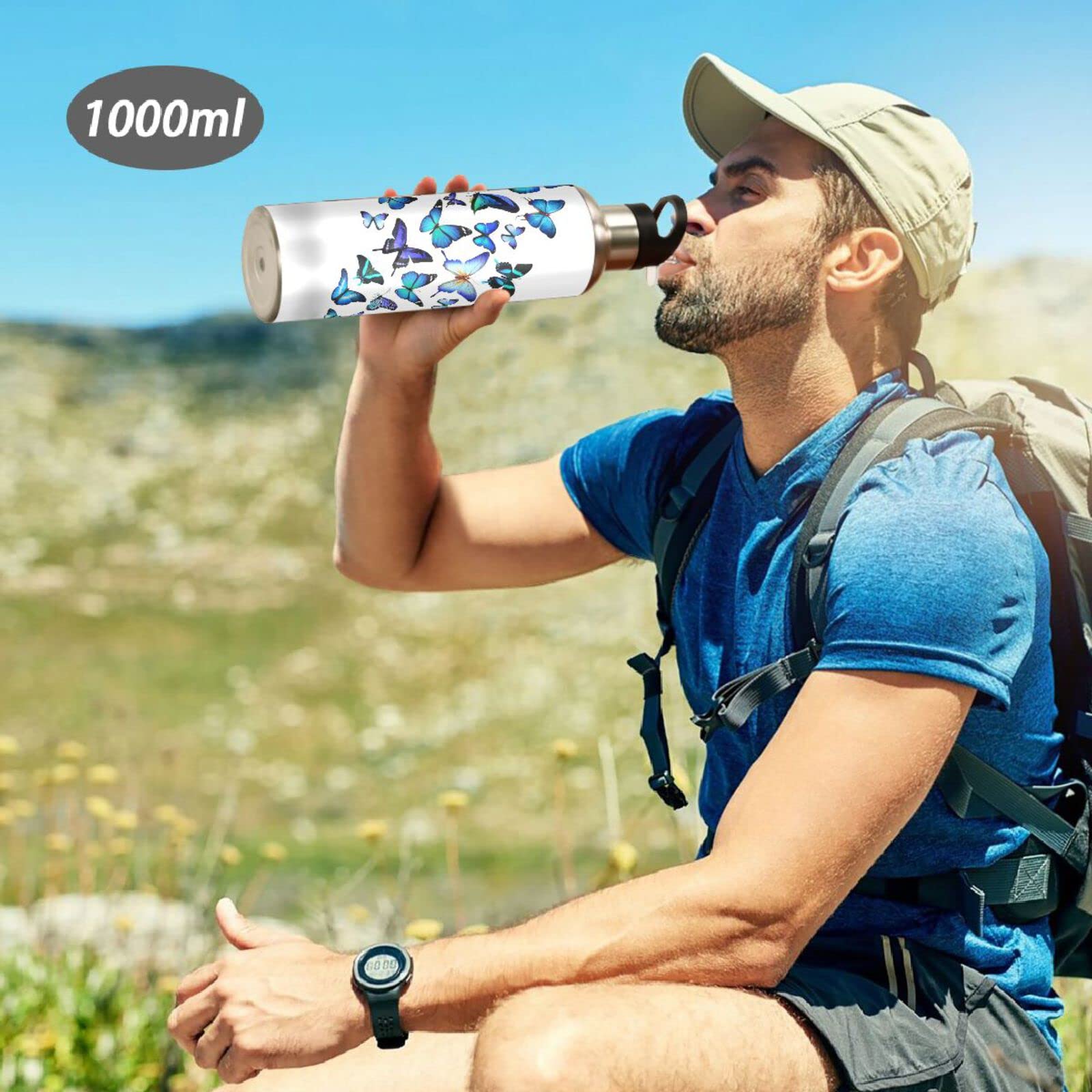 Kcldeci 20oz Blue Butterfly Stainless Steel Water Bottle - Leak Proof, Vacuum Insulated, Double Walled Thermo Mug for Hot & Cold Drinks - Perfect for Sports, Gym, Hiking, Travel & Outdoor Activities