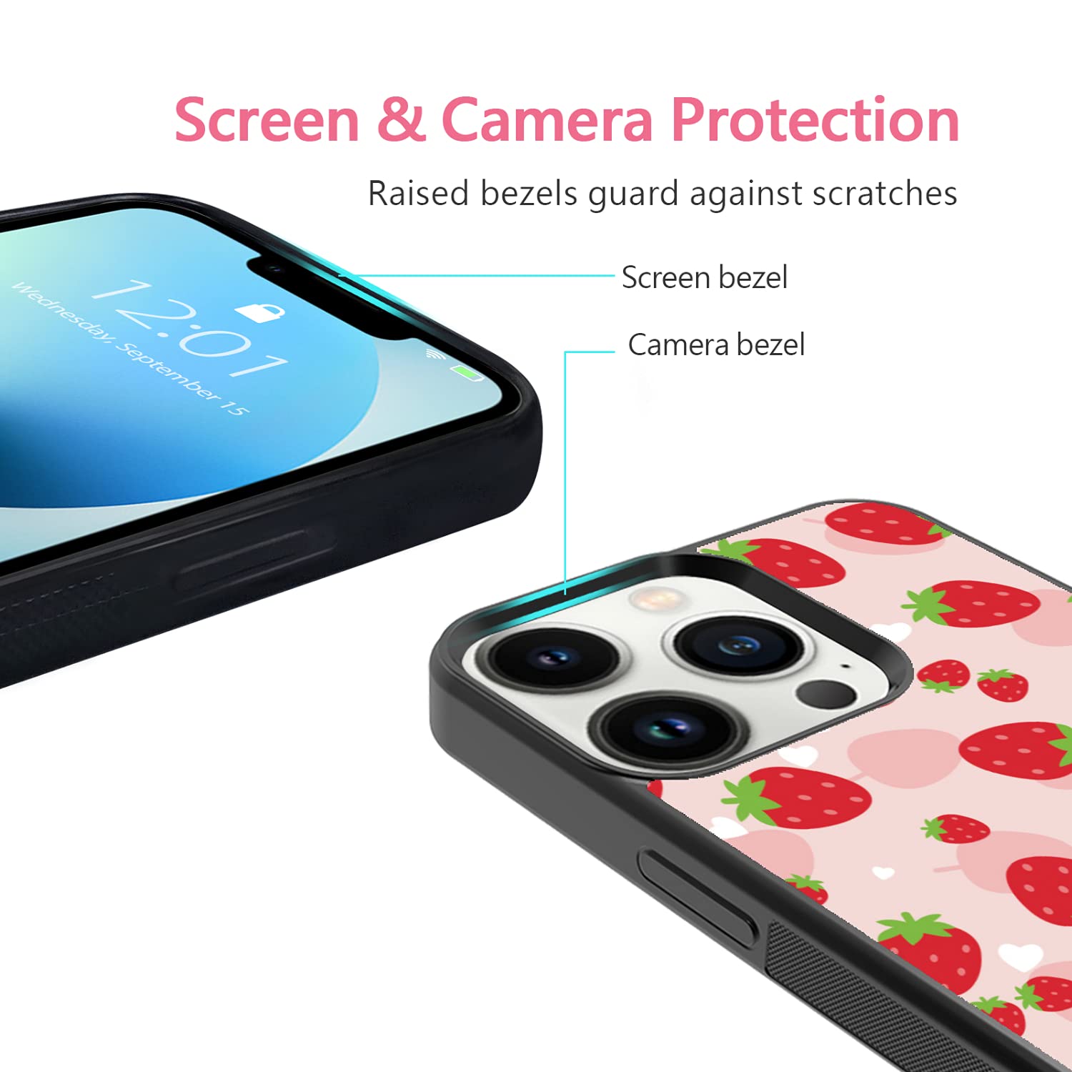 Cute Kawaii Strawberry Phone Case for iPhone 13 Pro - Shockproof Protective Pink Cover for Girls & Women | 6.1 Inch Designer Case for Everyday Use, School & Work