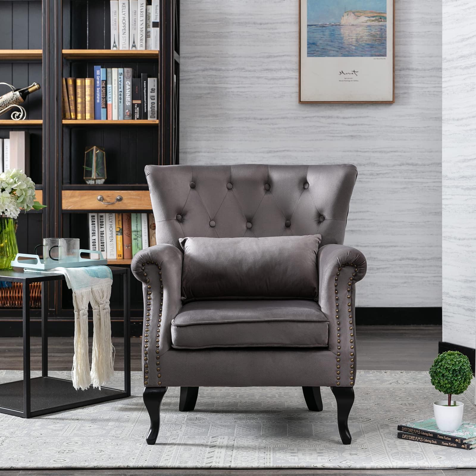 Midcentury Modern Accent Reading Arm Chair - Velvet Grey Wingback Club Chair with Button Tufted Back & Lumbar Pillow for Living Room, Bedroom, Office Waiting Area - Perfect for Reading Nooks, Lounge Spaces and Cozy Corners