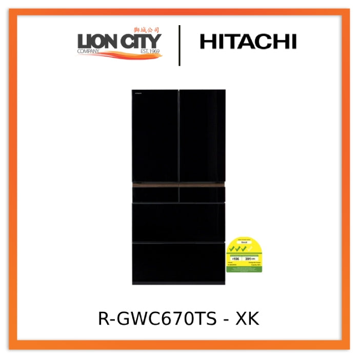 Hitachi R-GWC670TS XK/XW 525L 6-Door Refrigerator - Large Capacity French Door Fridge for Home, Kitchen & Restaurant Use