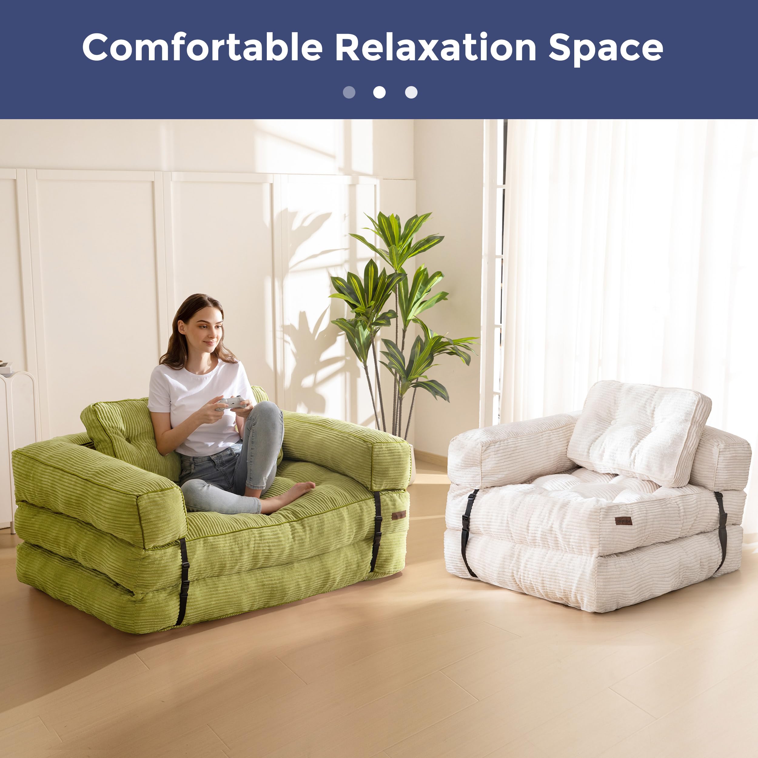 MAXYOYO L-Shaped Folding Sofa Bed - Convertible Sleeper Couch with Armrest & Pillow, Portable Foldable Floor Lounge Chair for Living Room & Bedroom - Double Size in Green | Perfect for Small Spaces, Guest Rooms & Studio Apartments