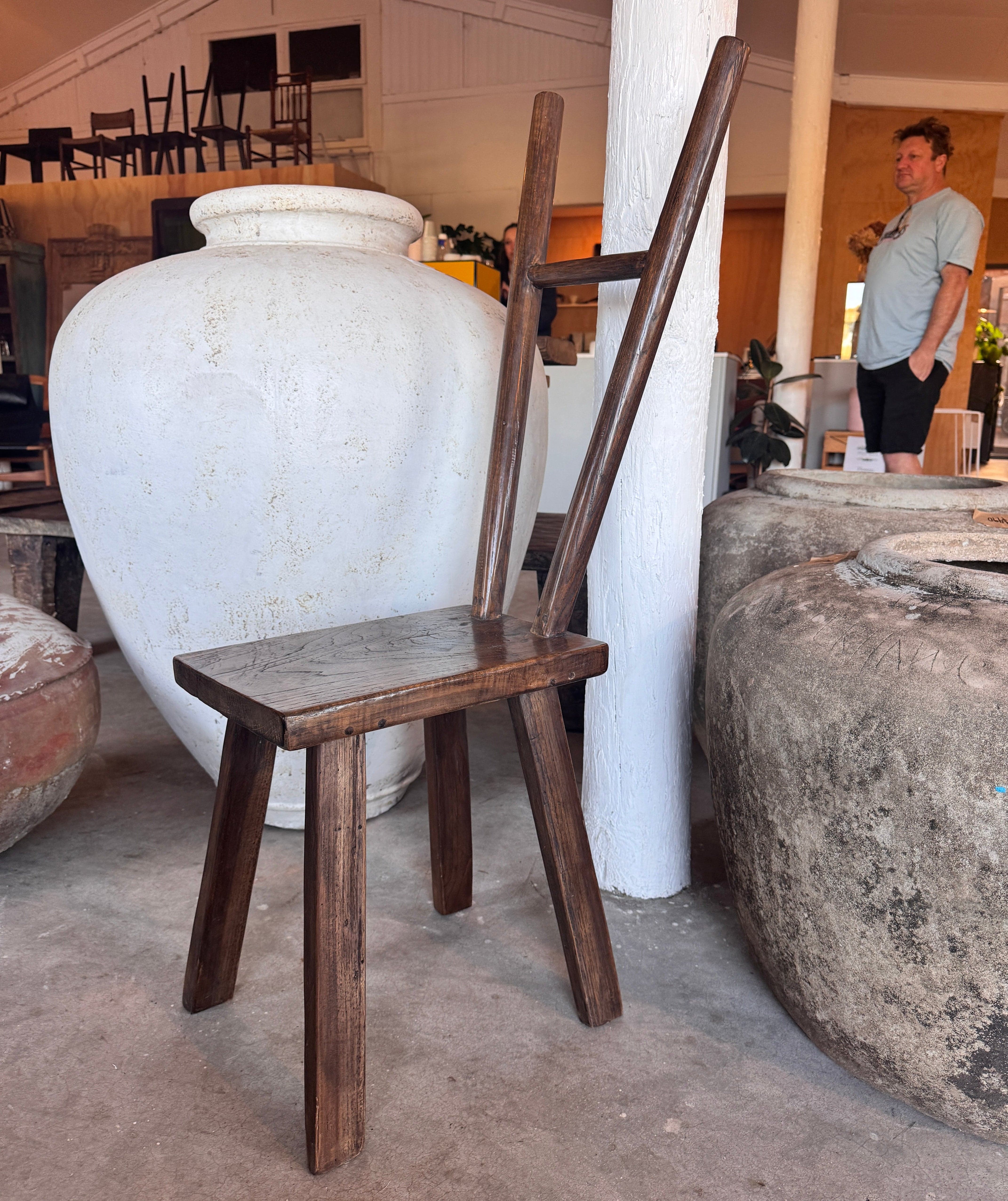 Handcrafted Teak Wood Stool with Back Support - Rustic Home Decor, Outdoor Patio Furniture, Bar Stool for Kitchen & Garden Use