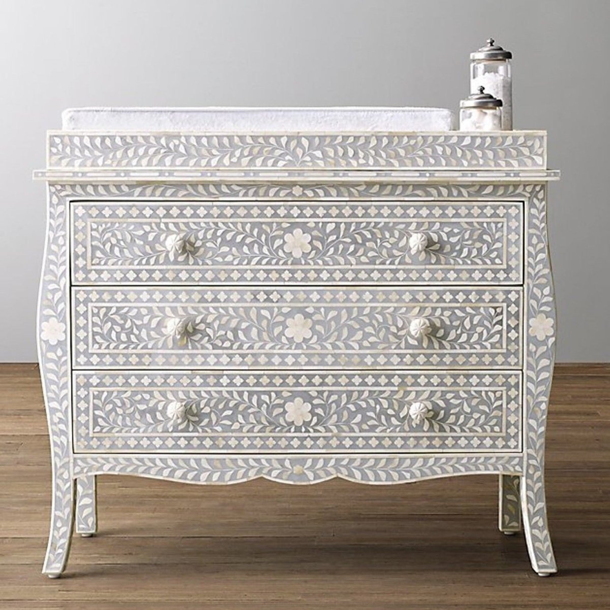 Handmade Bone Inlay French Colonial Style Baby Changing Dresser with Topper - Light Grey Nursery Dresser for Infant Room Decor & Diaper Changing Station