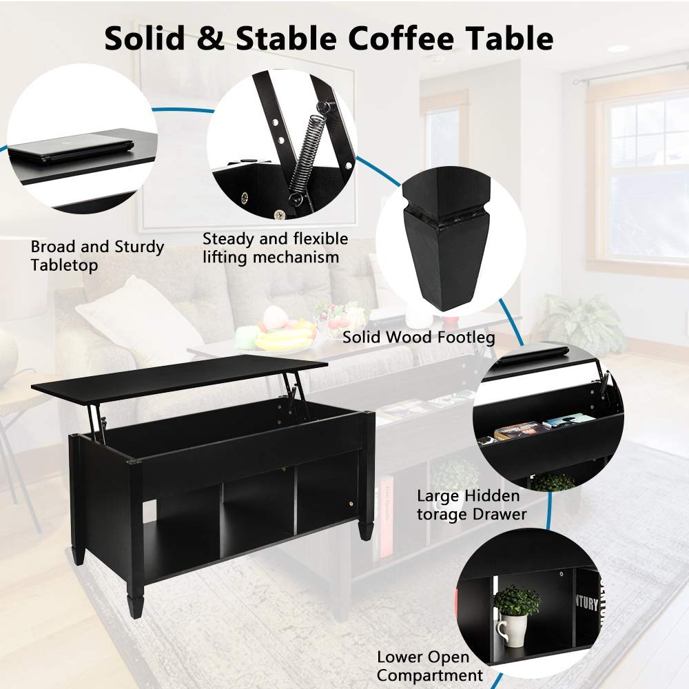 Modern Lift Top Coffee Table with Hidden Storage - Solid Wood Living Room Furniture, Convertible Desk & Shelf - Black - Perfect for Small Spaces, Home Office & Entertaining