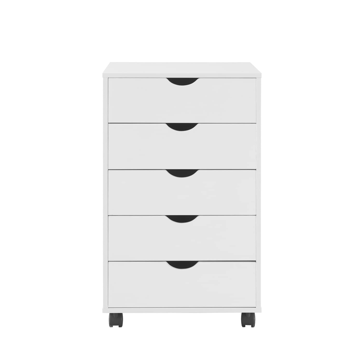 Naomi Home 5-Drawer Tall Dresser with Wheels - White, Stylish Bedroom Storage with Shelves, 180 lbs Capacity - Perfect for Closet Organization & Makeup Vanity