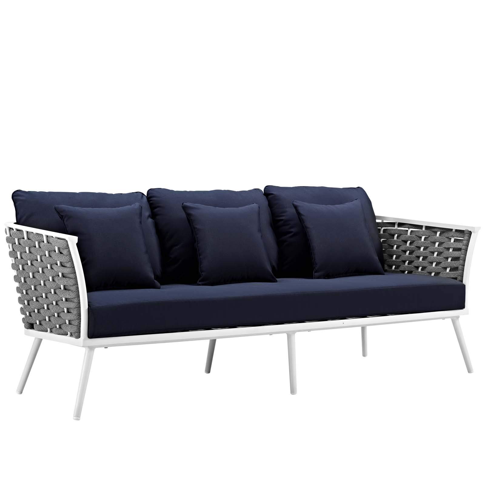 Modern Contemporary Outdoor Patio Lounge Chair Set with Sofa & Table - Durable Fabric & Aluminum Frame in White & Navy - Perfect for Backyard, Poolside & Garden Relaxation