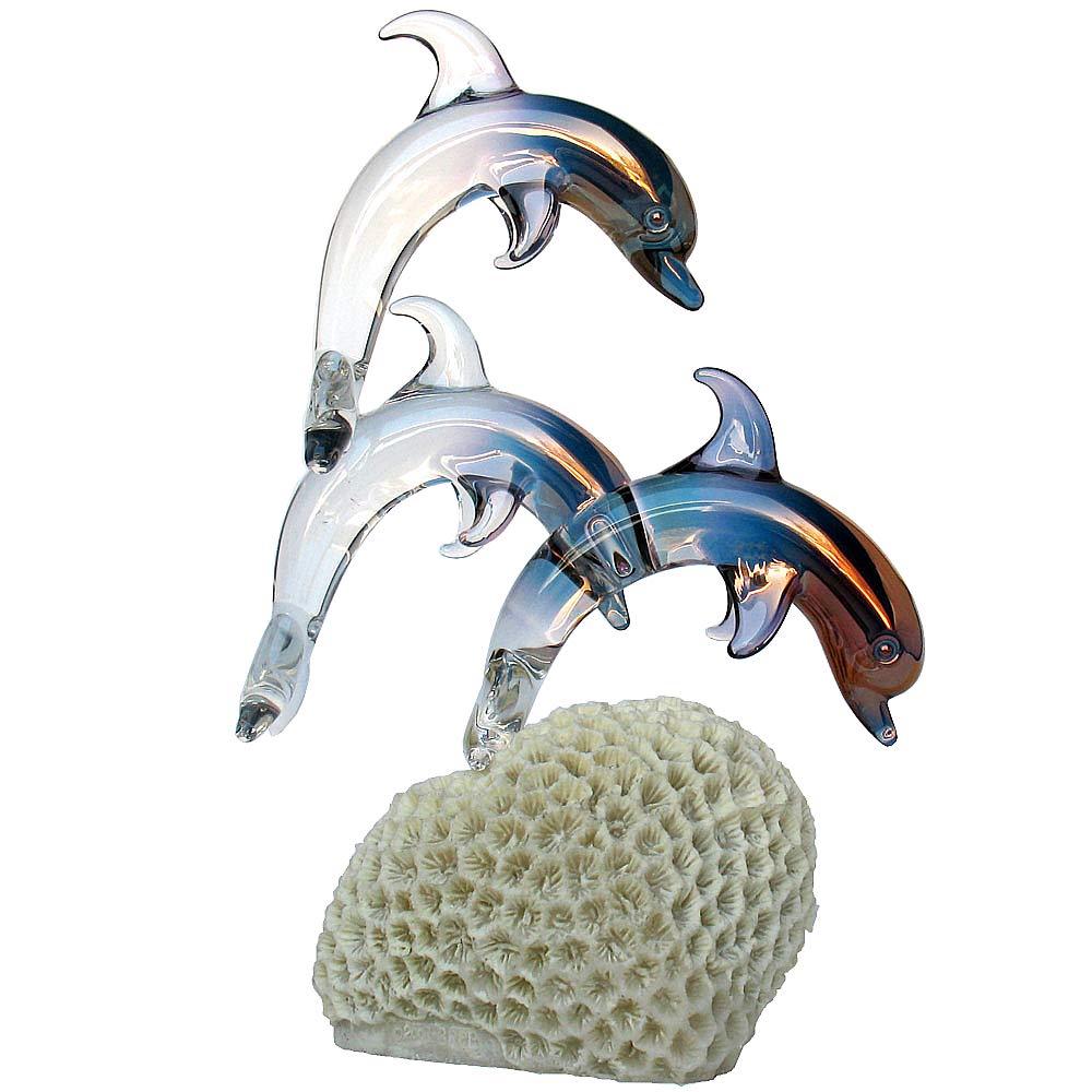 Hand Blown Glass Dolphin Figurine on Coral Reef - Elegant Home Decor, Gift for Ocean Lovers - Perfect for Bookshelf, Office Desk, and Coastal Themed Decorations