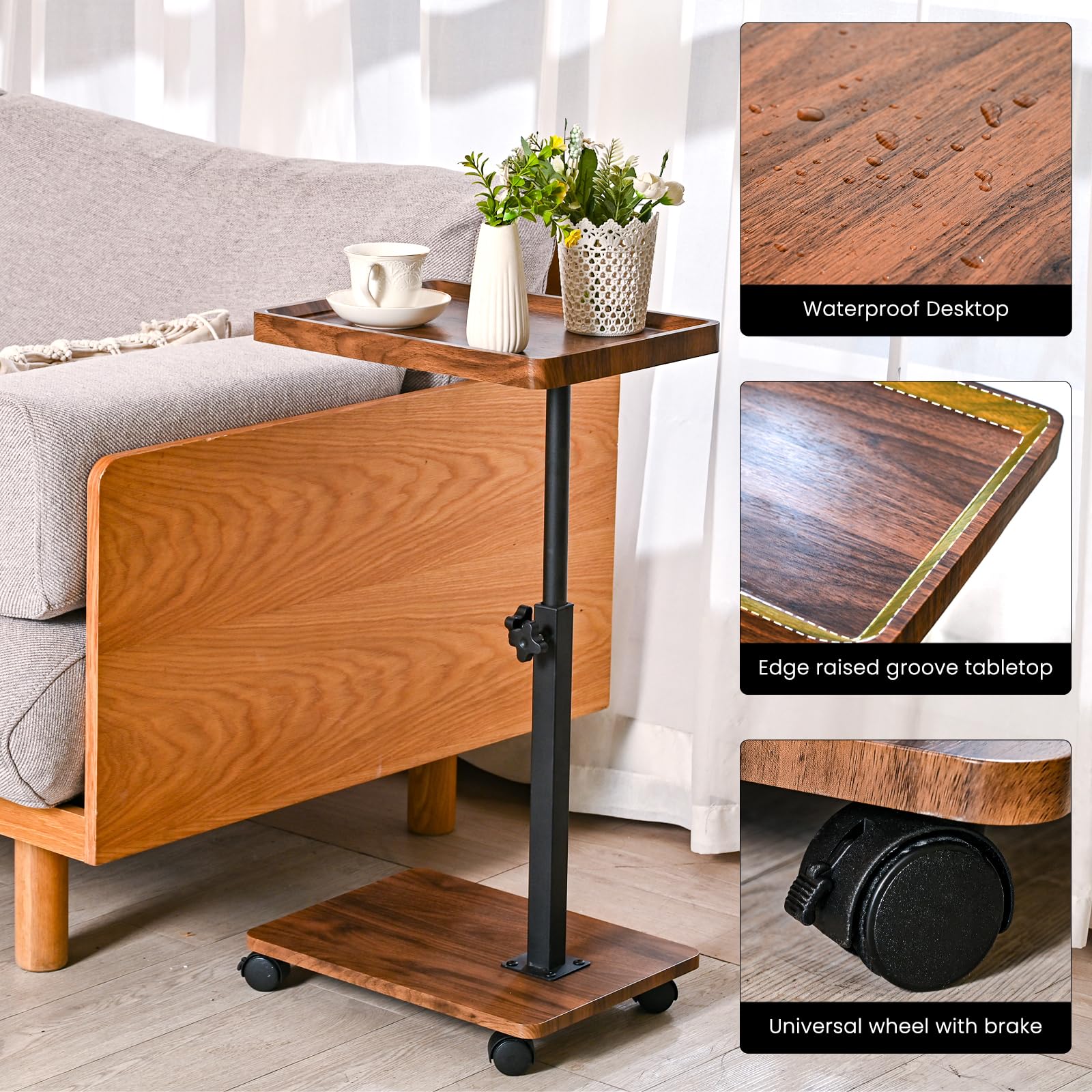 Adjustable Height C-Shaped End Table with 360° Swivel - Walnut Color Side Table for Couch, Bed, Chair & Bathtub - Perfect for Snacks, TV Trays & Sliding Under Furniture