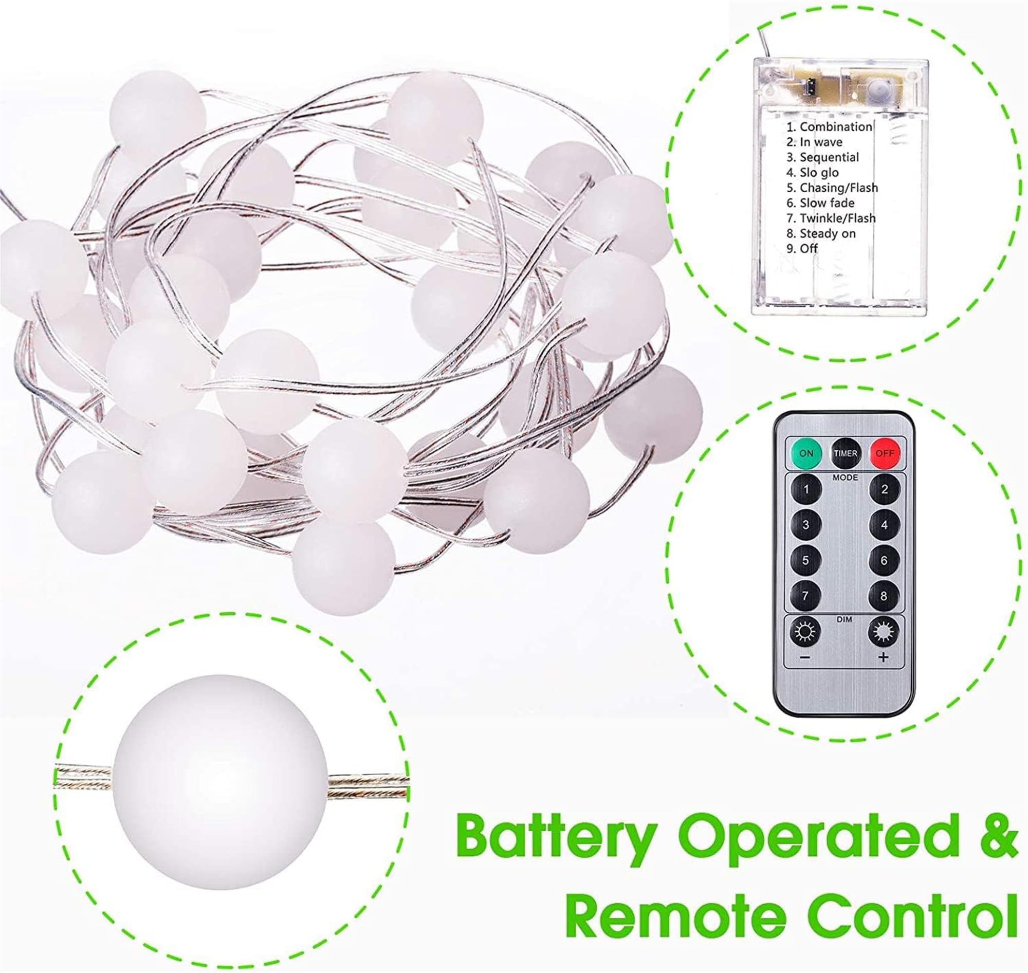 Hiboom 10 Ft 30 LED Globe Ball String Lights - 8 Lighting Modes with Remote & Timer, Battery Operated Fairy Lights for Indoor Outdoor Decor - Perfect for Bedroom, Wedding, Patio, Garden Party & Holiday Decorations