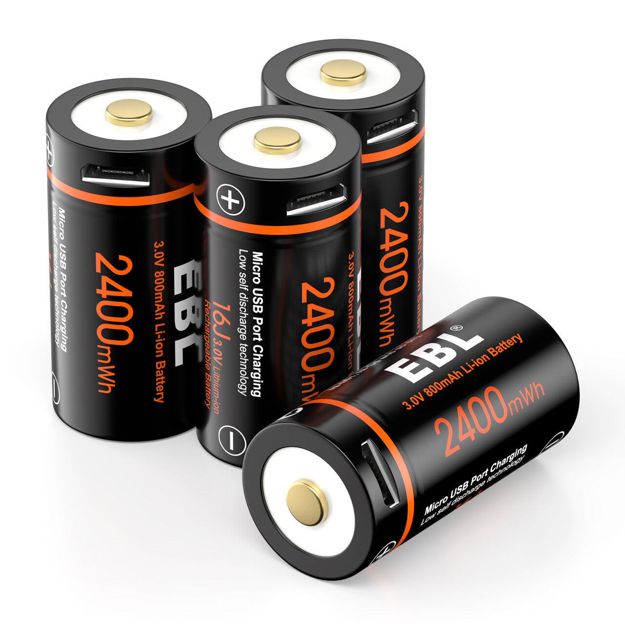 EBL 4 Pack CR123A 3V Lithium Battery 2400mWh High Capacity - Includes Micro USB Charging Cable - Perfect for Digital Cameras, Flashlights & Security Devices