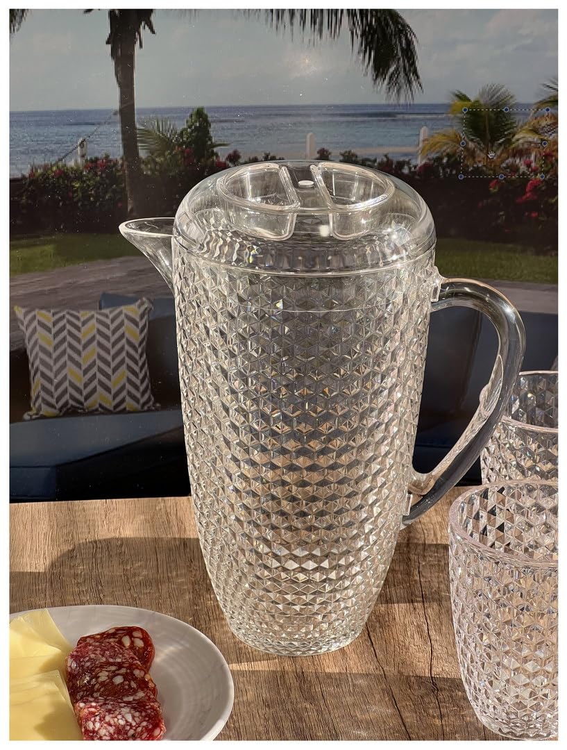 Premium 2.5 Quart BPA-Free Water Pitcher with Lid - Shatterproof Diamond Cut Design for Juice, Lemonade & Iced Tea - Perfect for Refrigerator Storage & Entertaining Guests