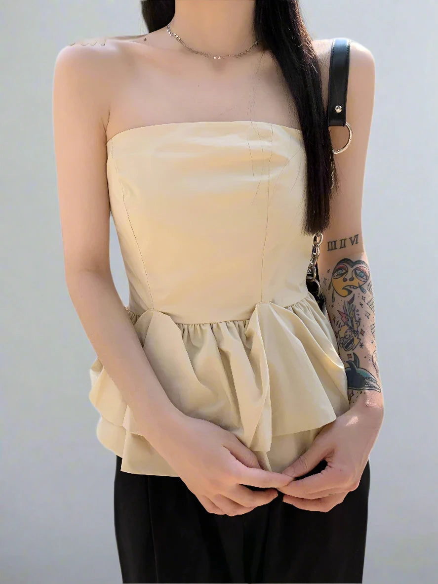 Strapless Apricot Women's Camisole - Sexy Ruffled Sleeveless Top for Casual Office Wear & Street Fashion | Perfect for Work, Date Nights & Summer Outfits