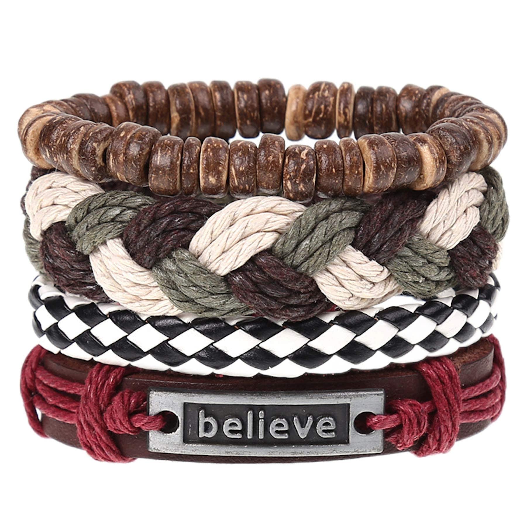 4 Pack Braided Leather Bracelets for Men & Women - Adjustable Woven Wood Bead Wristbands, Boho Tribal Rope Bracelet Set | Perfect for Casual Wear, Festivals & Gifts