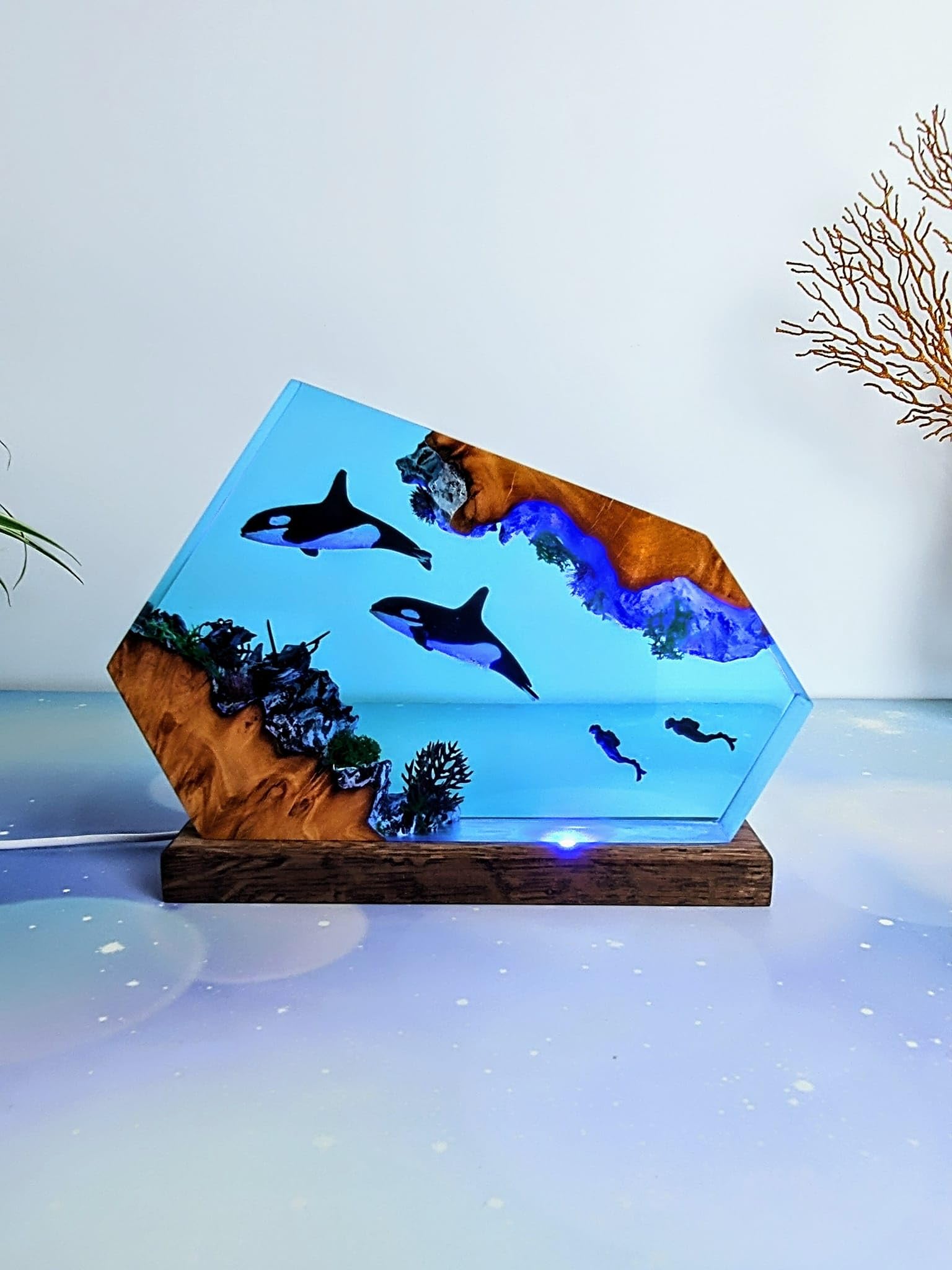 **Orca and Diver Resin Wood Lamp - 4x6 Inch Ocean Theme Night Light, Desk Lamp for Home & Office Decor | Marine Art Diorama, Underwater Decor, Gift for Ocean Lovers**