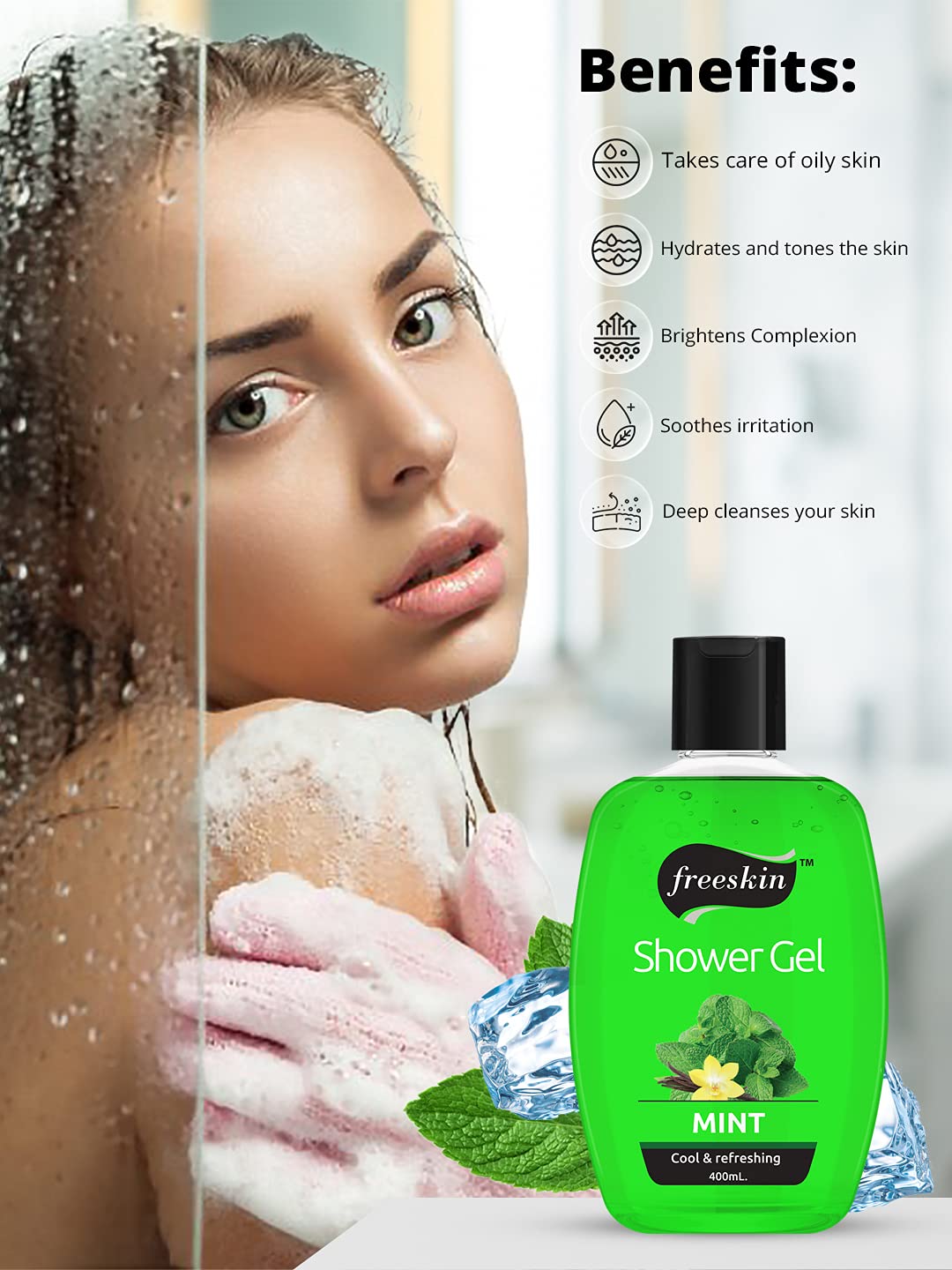 Freeskin Mint Body Wash & Shower Gel - 400ml Paraben Free, Sulfate Free, Mineral Oil Free - Refreshing Unisex Cleanser for Dry & Sensitive Skin - Perfect for Daily Shower & Post-Workout Hydration
