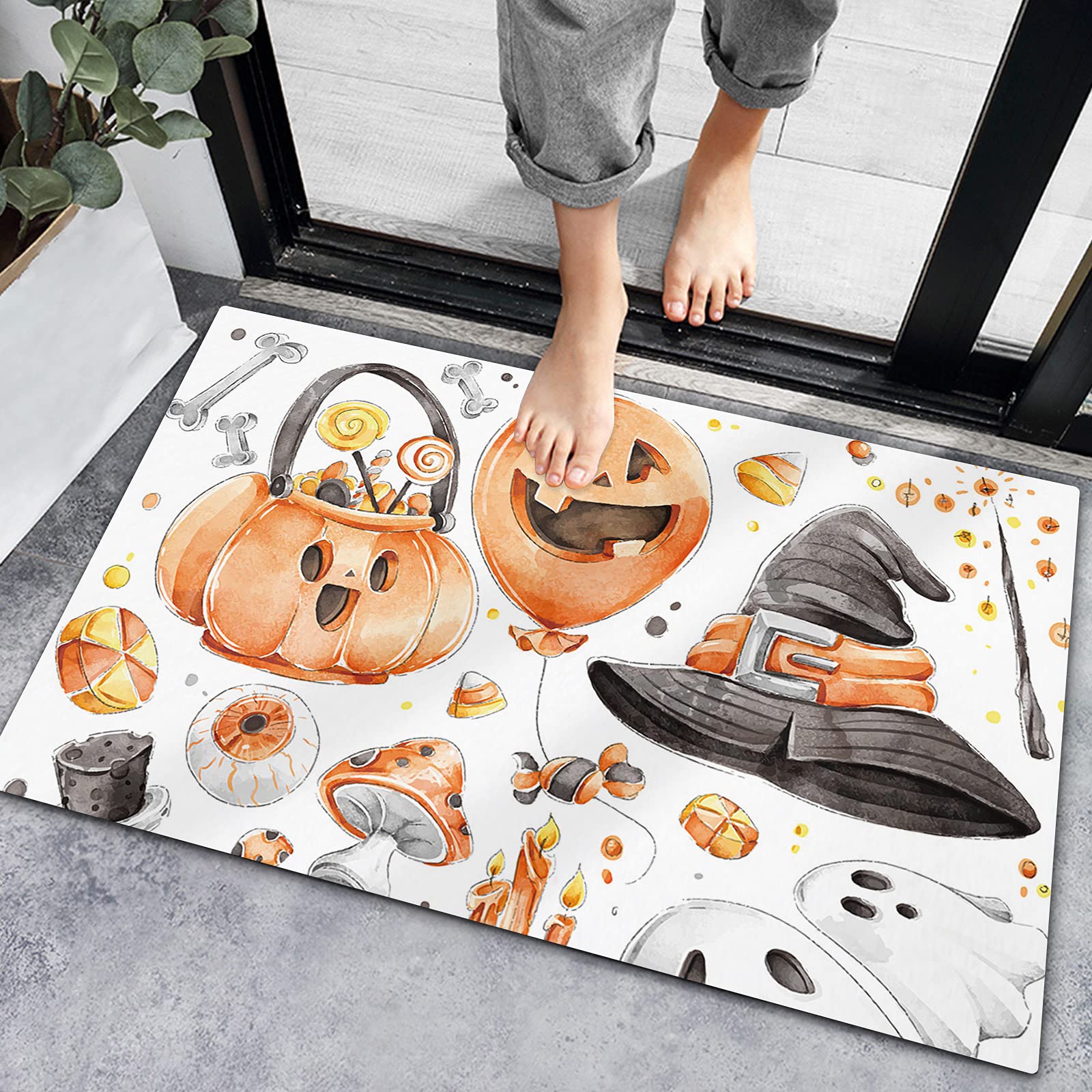 Non-Slip Halloween Doormat with Absorbent Watercolor Design - Pumpkin Skull Ghost Witch Hat Indoor/Outdoor Rug for Entryway, Bathroom, Bedroom | Perfect for Fall Decor & Spooky Home Entrance