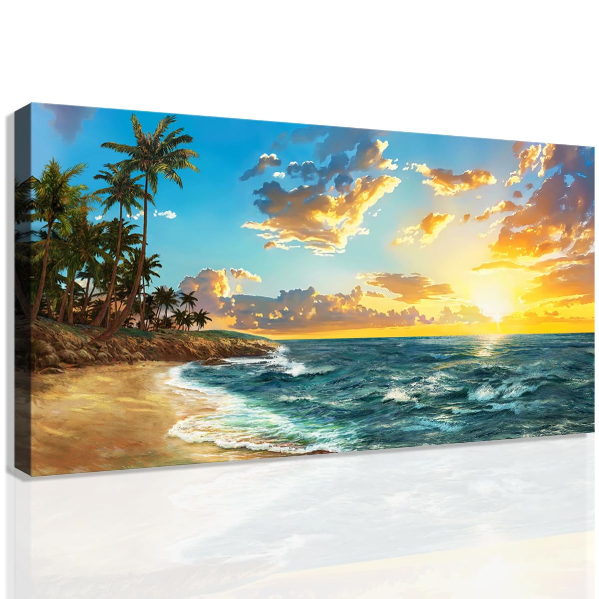 Popuwall XXLarge Tropical Beach Sunset Wall Art - Palm Trees & Ocean Waves Painting for Living Room, Bedroom, Farmhouse & Office Decor | Perfect for Coastal, Summer & Vacation Themed Spaces