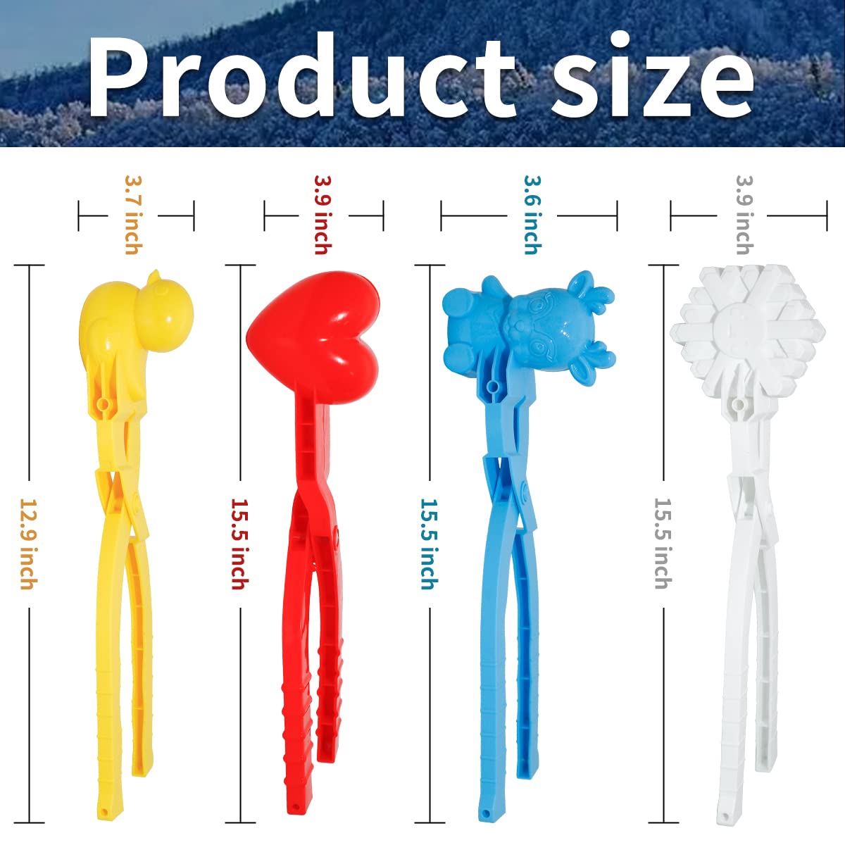 Holady 4PCS Large Snowball Maker Clips - Winter Snowball Maker Tools with Handles for Kids Outdoor Snowball Fights (Deer, Heart, Duck, Snowflake Shapes) - Perfect for Family Winter Fun & Snow Play Activities