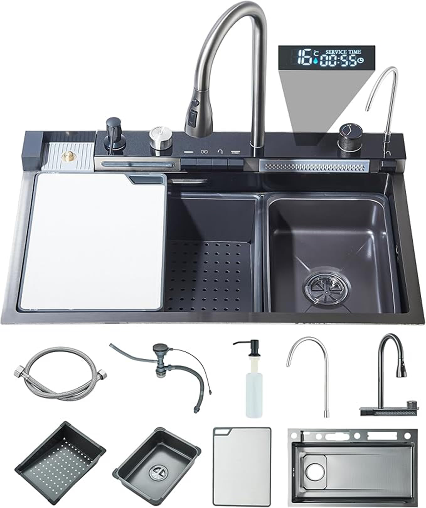 Stainless Steel Single Bowl Drop-in Kitchen Sink with LED Temperature Display, Pull-Out Faucet, Cup Washer, Soap Dispenser & Water Filter Tap - 29.52