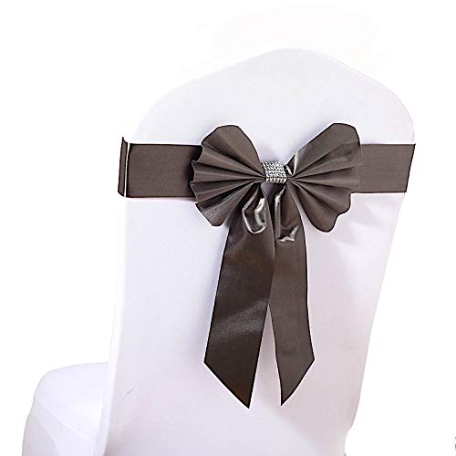 100pcs Charcoal Grey Reversible Satin Faux Leather Bow Tie Chair Sashes with Buckles - Wedding, Party, Banquet Decorations for Chairs, Tables and Events