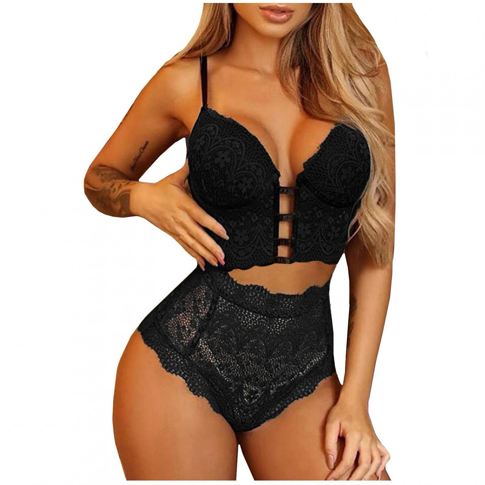 Sexy Lace Lingerie Set for Women - Strappy Babydoll Bra & Panty Set in Black | Romantic Wear for Valentine's Day, Honeymoon & Special Occasions