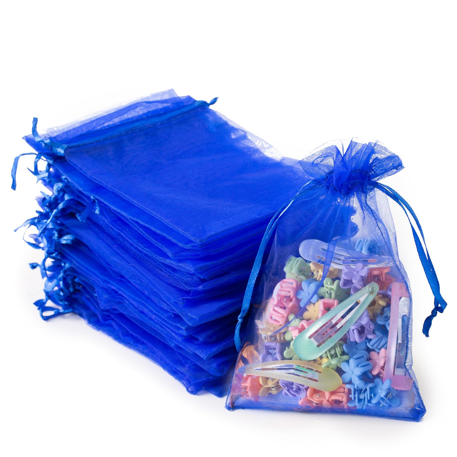 100PCS 4x6 Inches (10x15cm) Blue Organza Drawstring Bags - Small Mesh Gift Bags for Jewelry, Soaps, Makeup & Party Favors | Wedding, Birthday, Baby Shower & Holiday Packaging Supplies