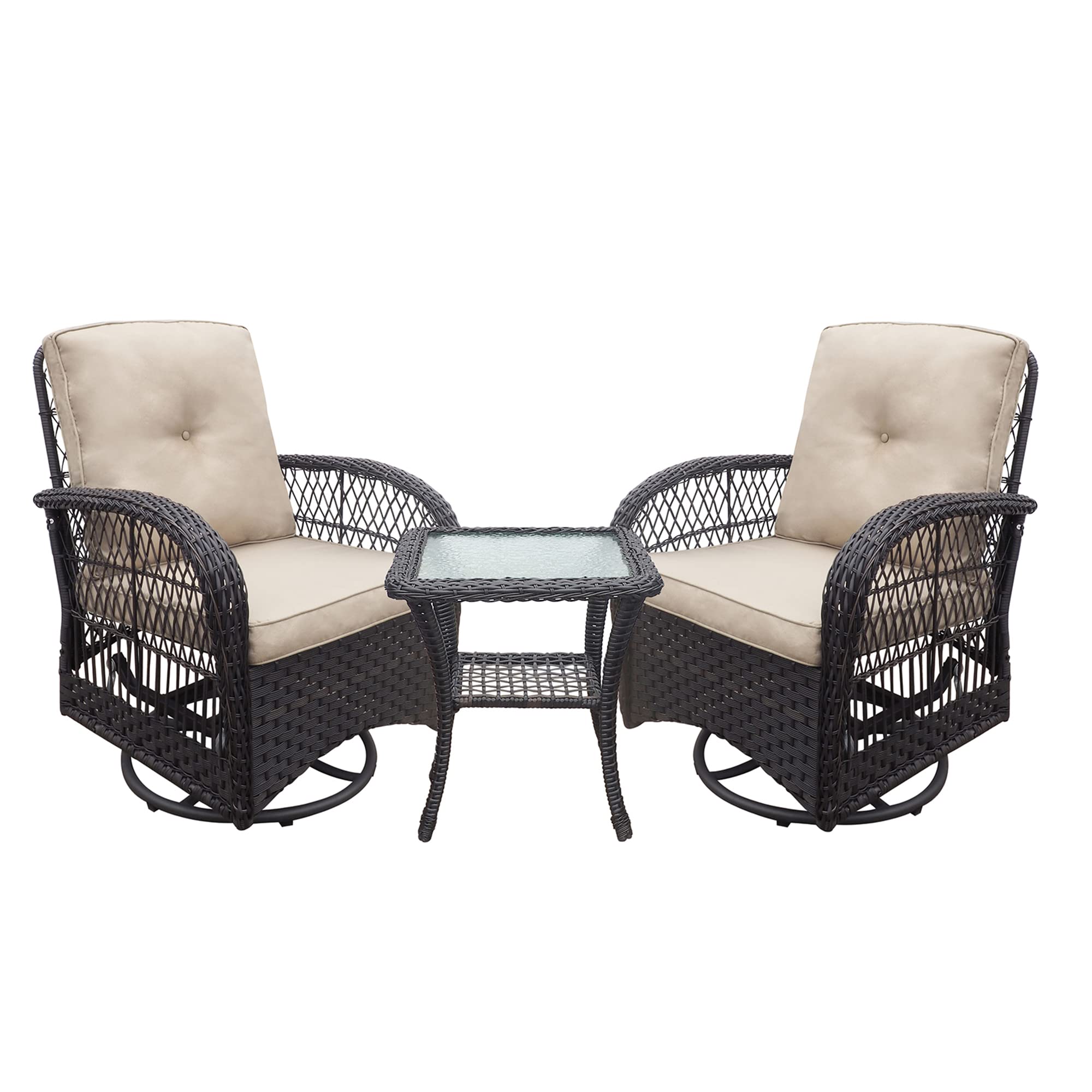 Premium 360° Swivel Wicker Rocker Patio Chairs Set of 3 with Coffee Table & Cushion - Indoor/Outdoor Rattan Bistro Furniture for Porch, Garden & Backyard Relaxation