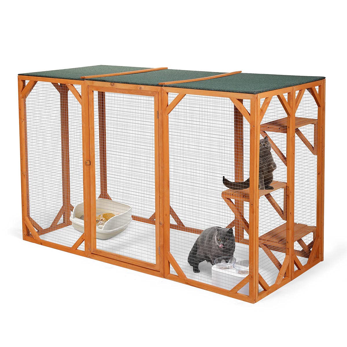 Large Wooden Cat Cage with Solar Flat Roof - Indoor & Outdoor Catio Enclosure with Platforms, Sisal Rope Pedals, Hammock & Door - Perfect for Patio, Backyard or Balcony Cat Playpen (Orange)